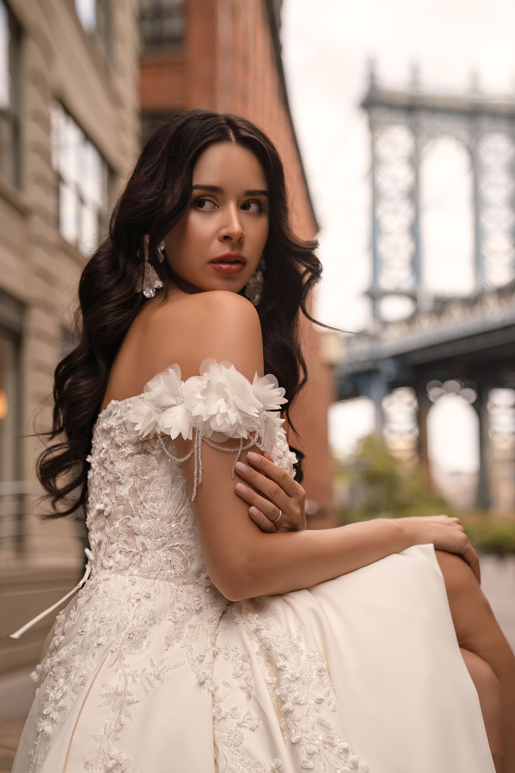 Off-Shoulder Ball Gown Wedding Dress with Floral Appliqués