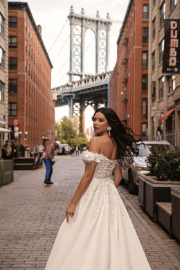Off-Shoulder Ball Gown Wedding Dress with Floral Appliqués