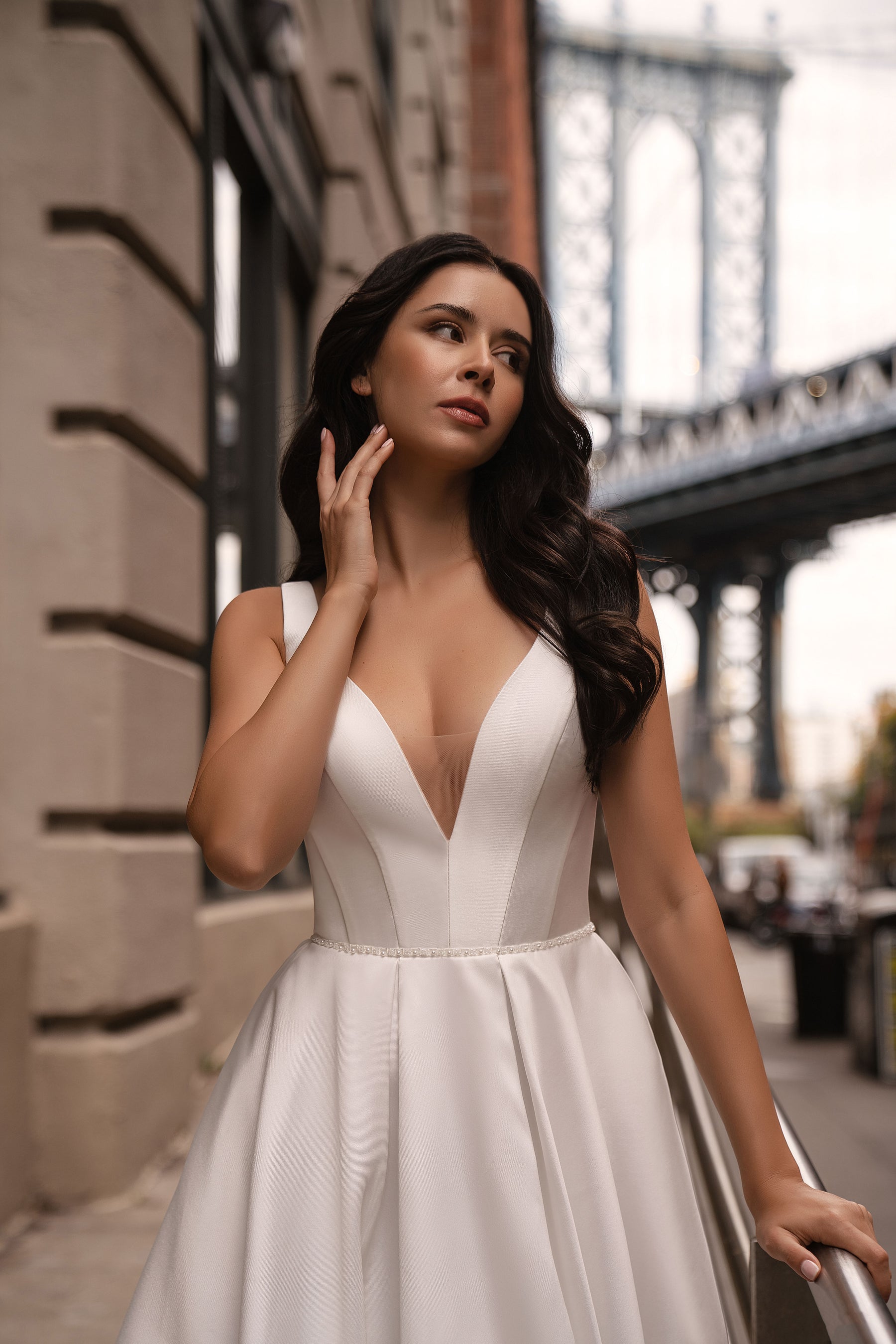 A-Line Satin Wedding Dress with Deep V-Neckline