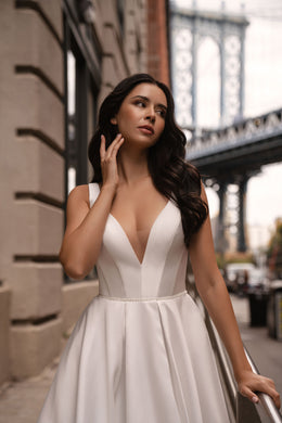 A-Line Satin Wedding Dress with Deep V-Neckline