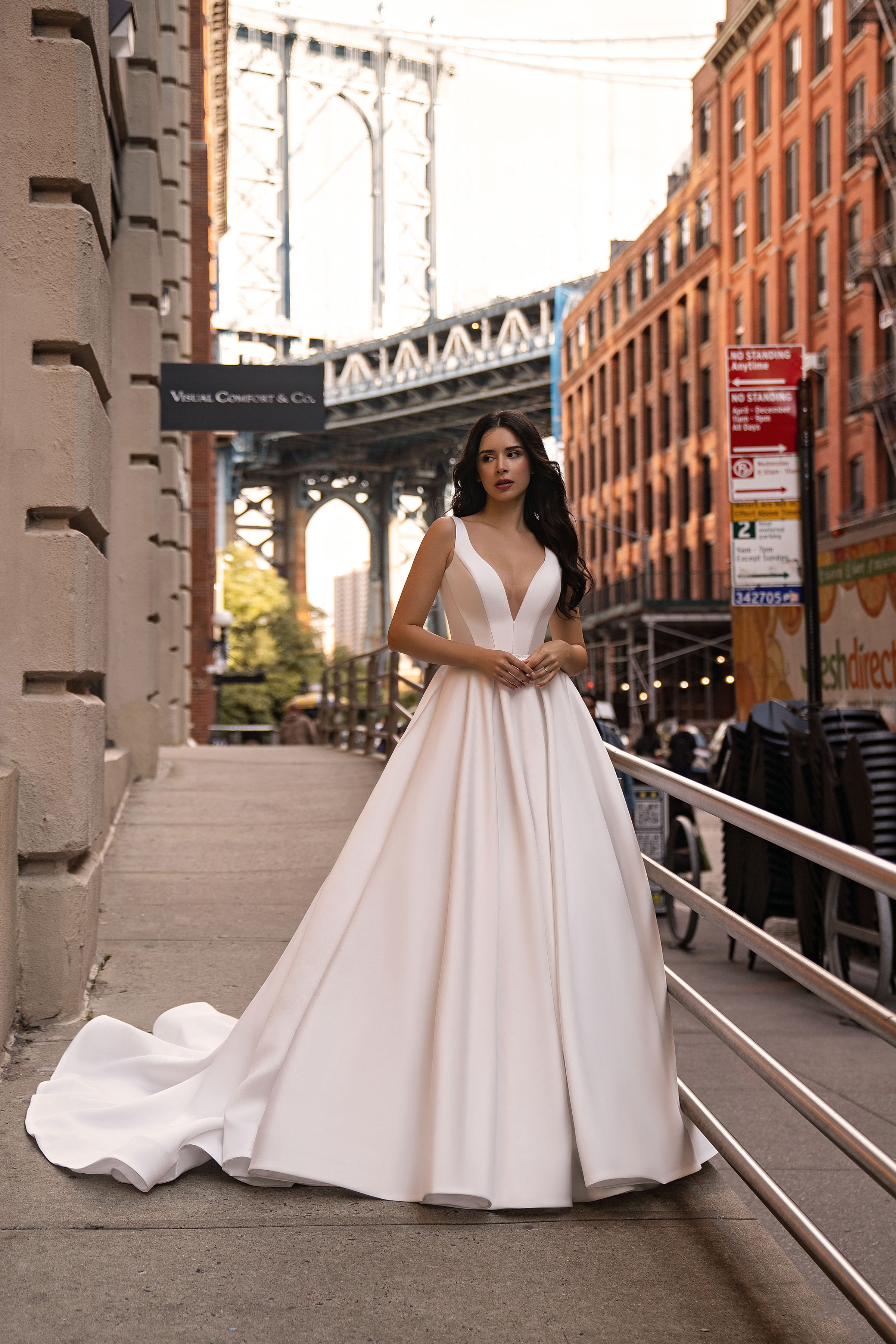 A-Line Satin Wedding Dress with Deep V-Neckline