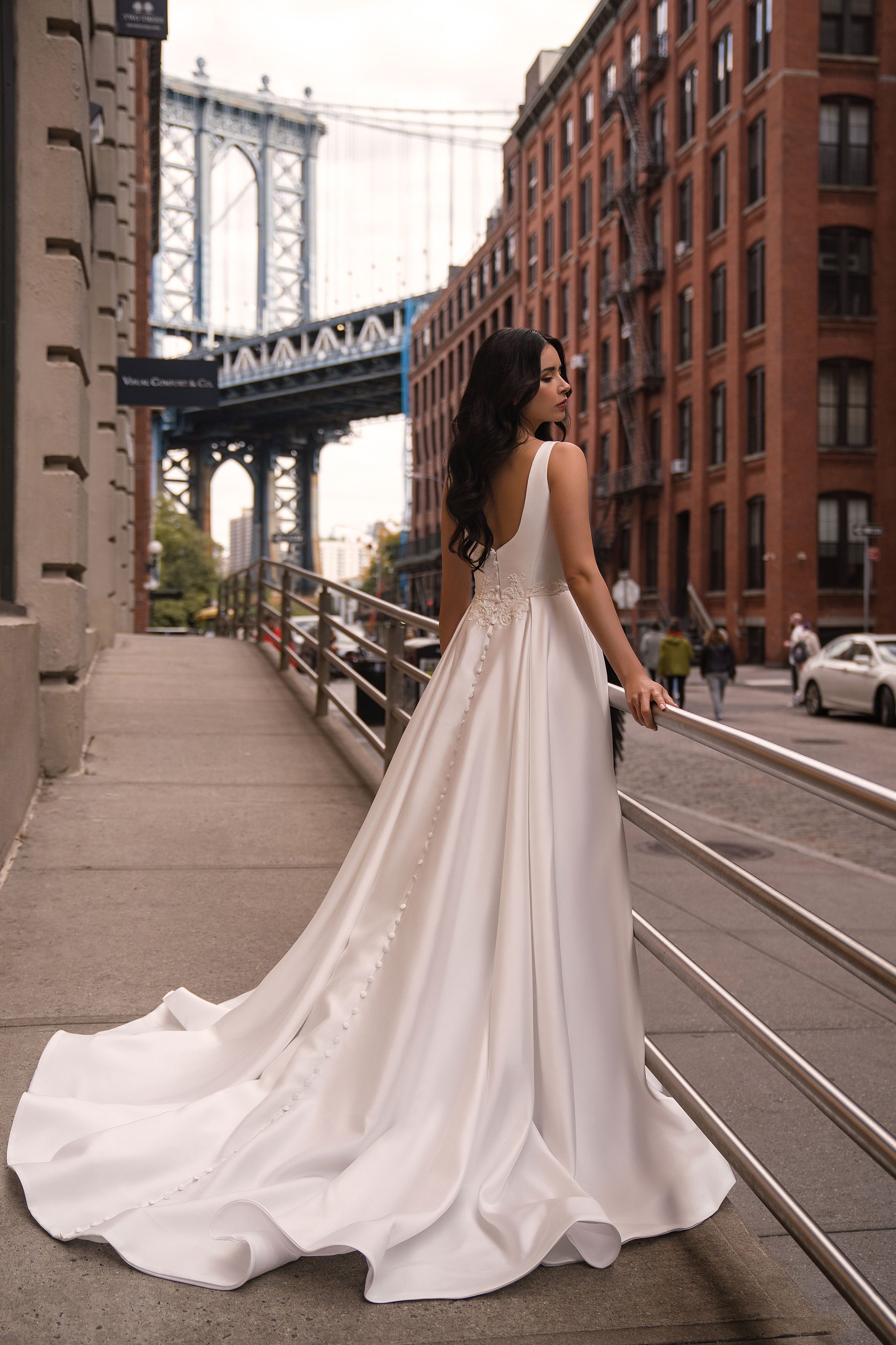 A-Line Satin Wedding Dress with Deep V-Neckline