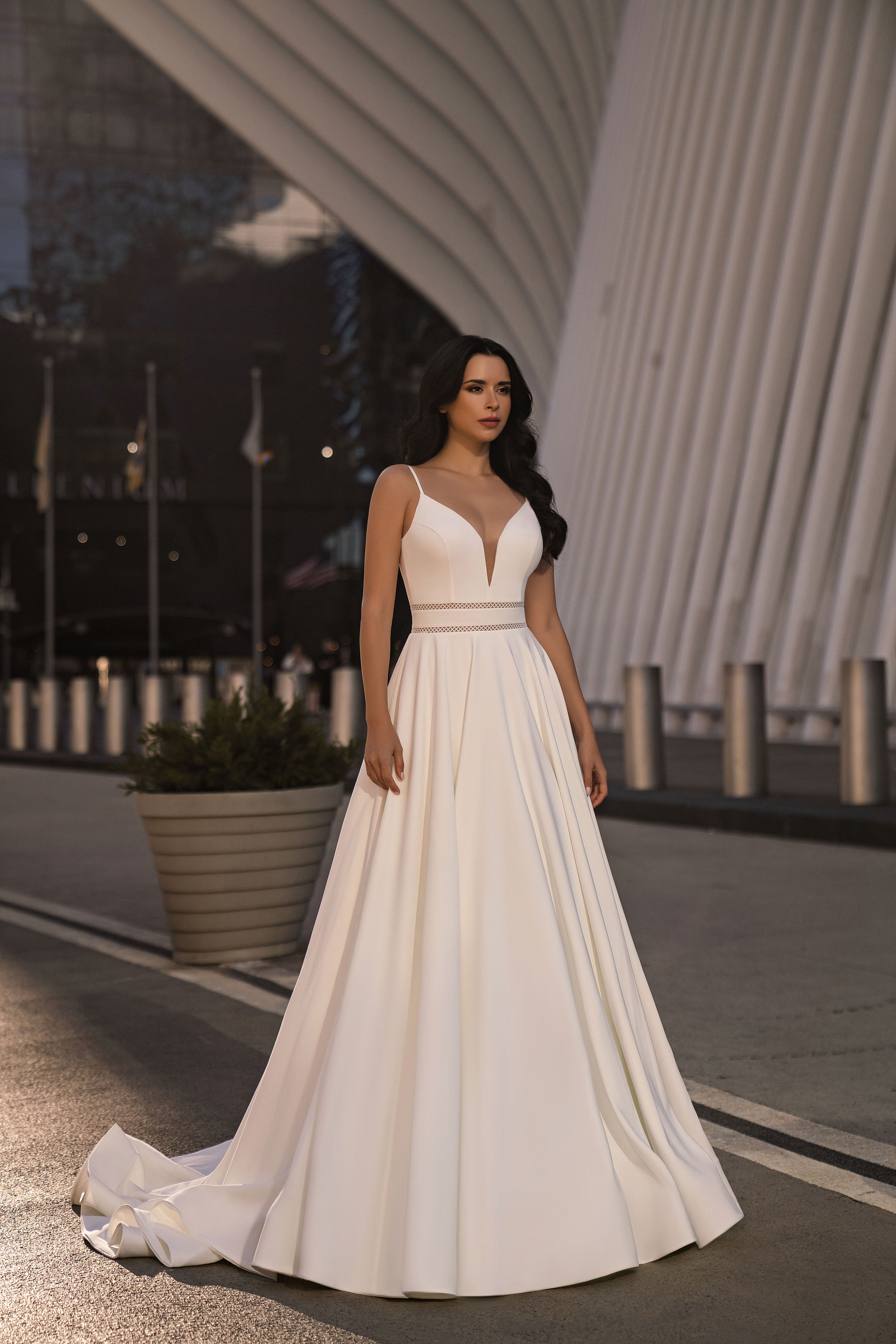 Minimalist A-Line Wedding Dress with Deep V-Neckline