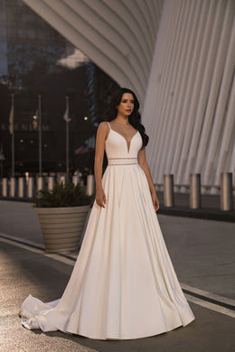 Minimalist A-Line Wedding Dress with Deep V-Neckline