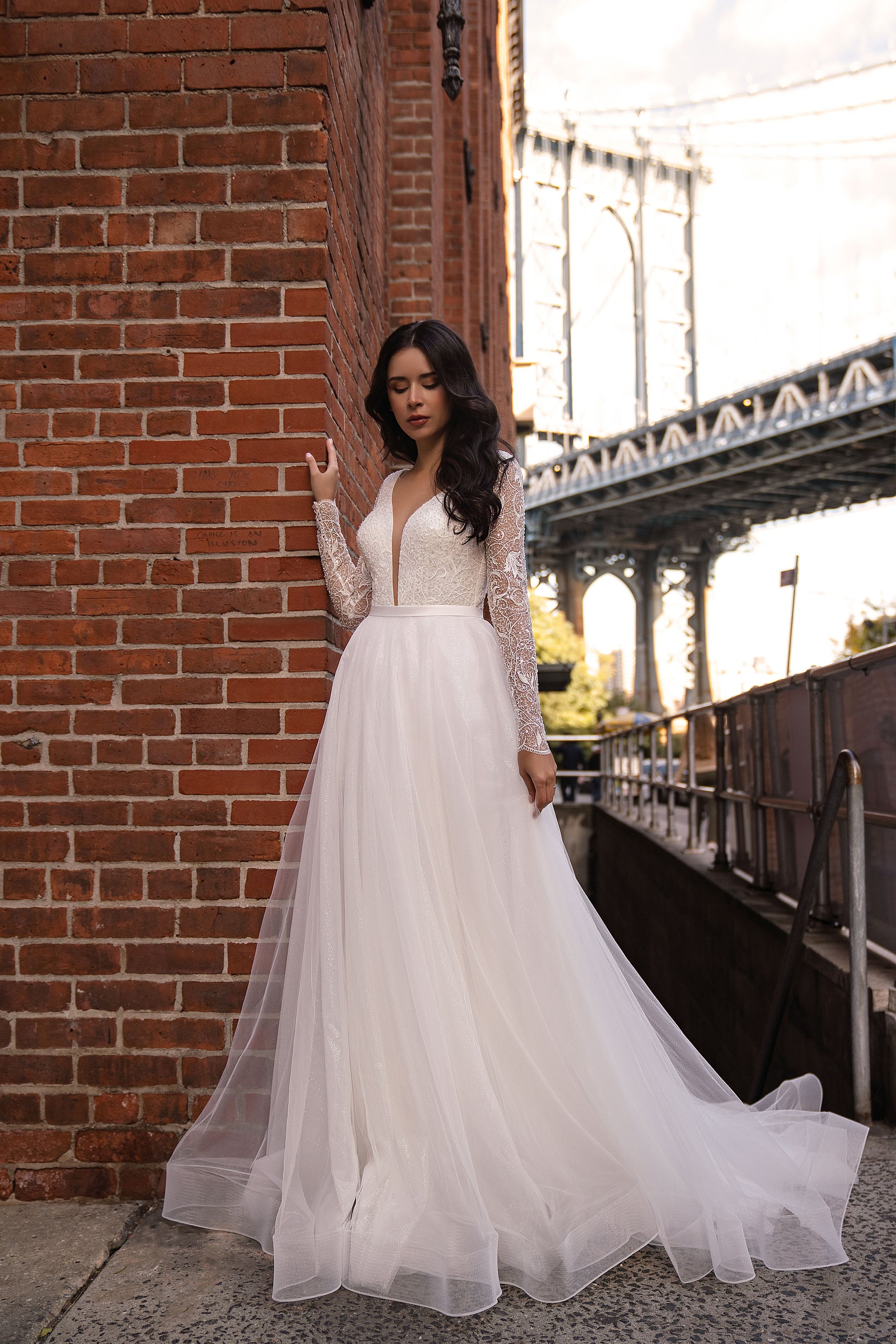 Beaded Long Sleeve A-Line Tulle Wedding Dress with Deep V-Neckline