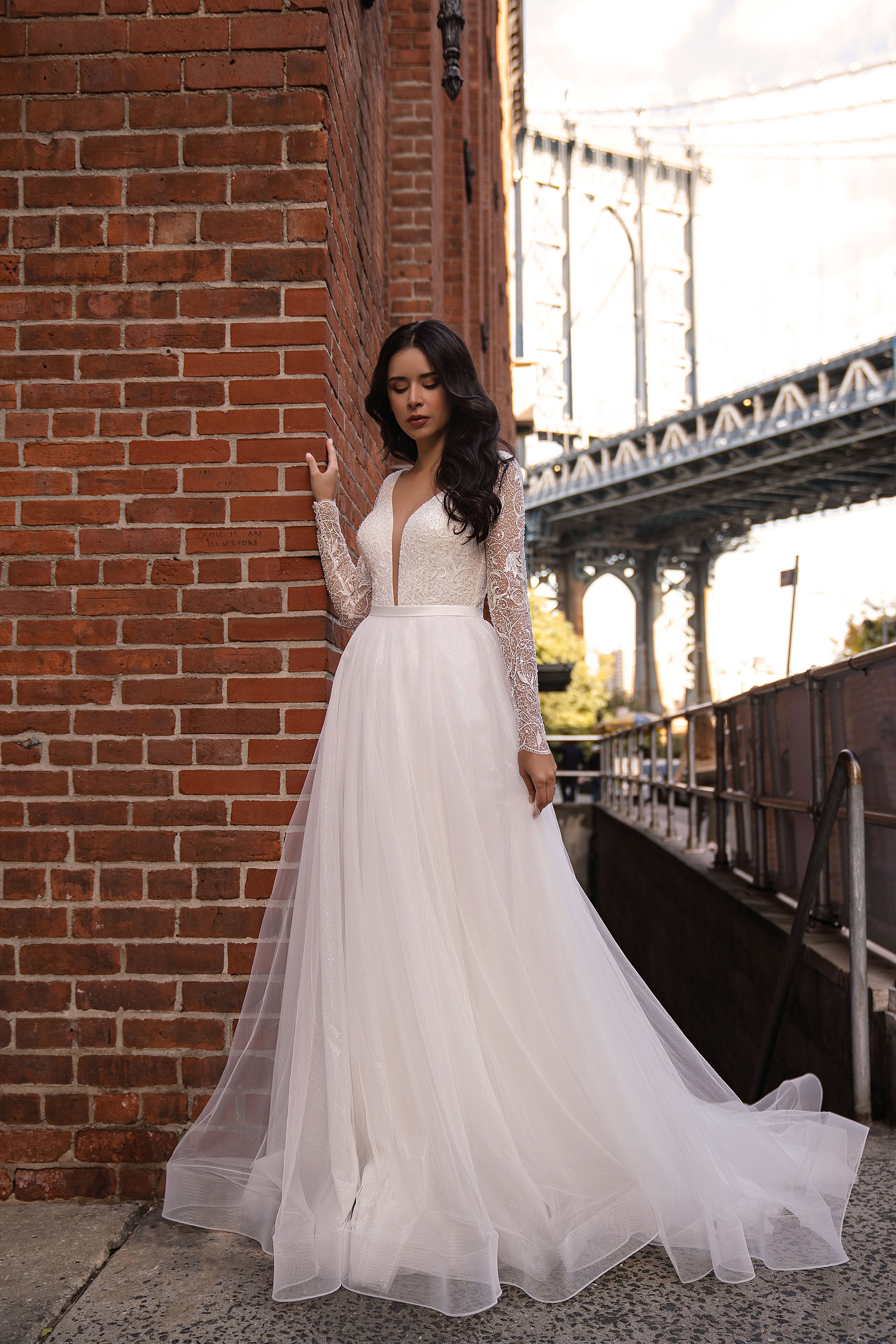 Beaded Long Sleeve A-Line Tulle Wedding Dress with Deep V-Neckline