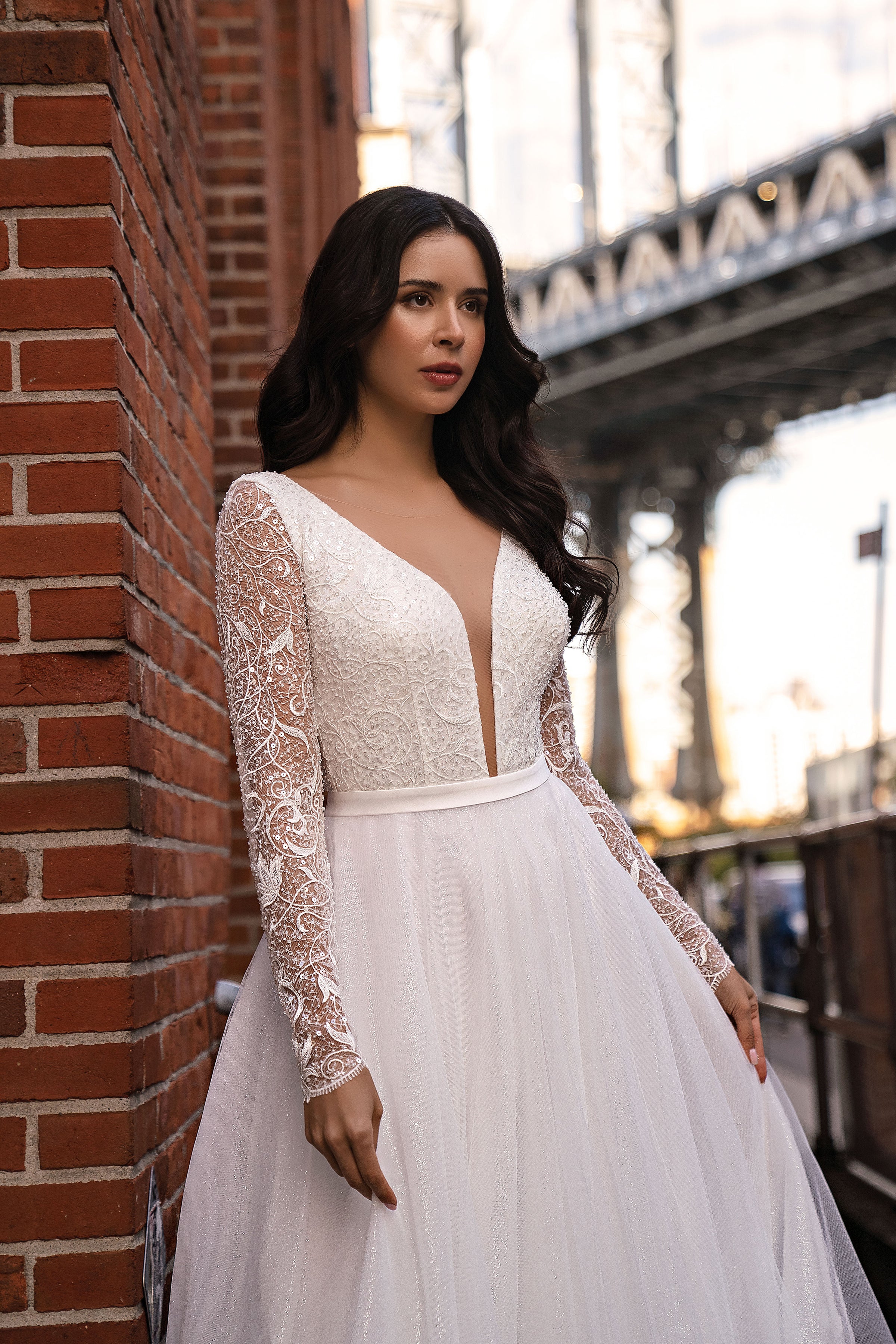 Beaded Long Sleeve A-Line Tulle Wedding Dress with Deep V-Neckline