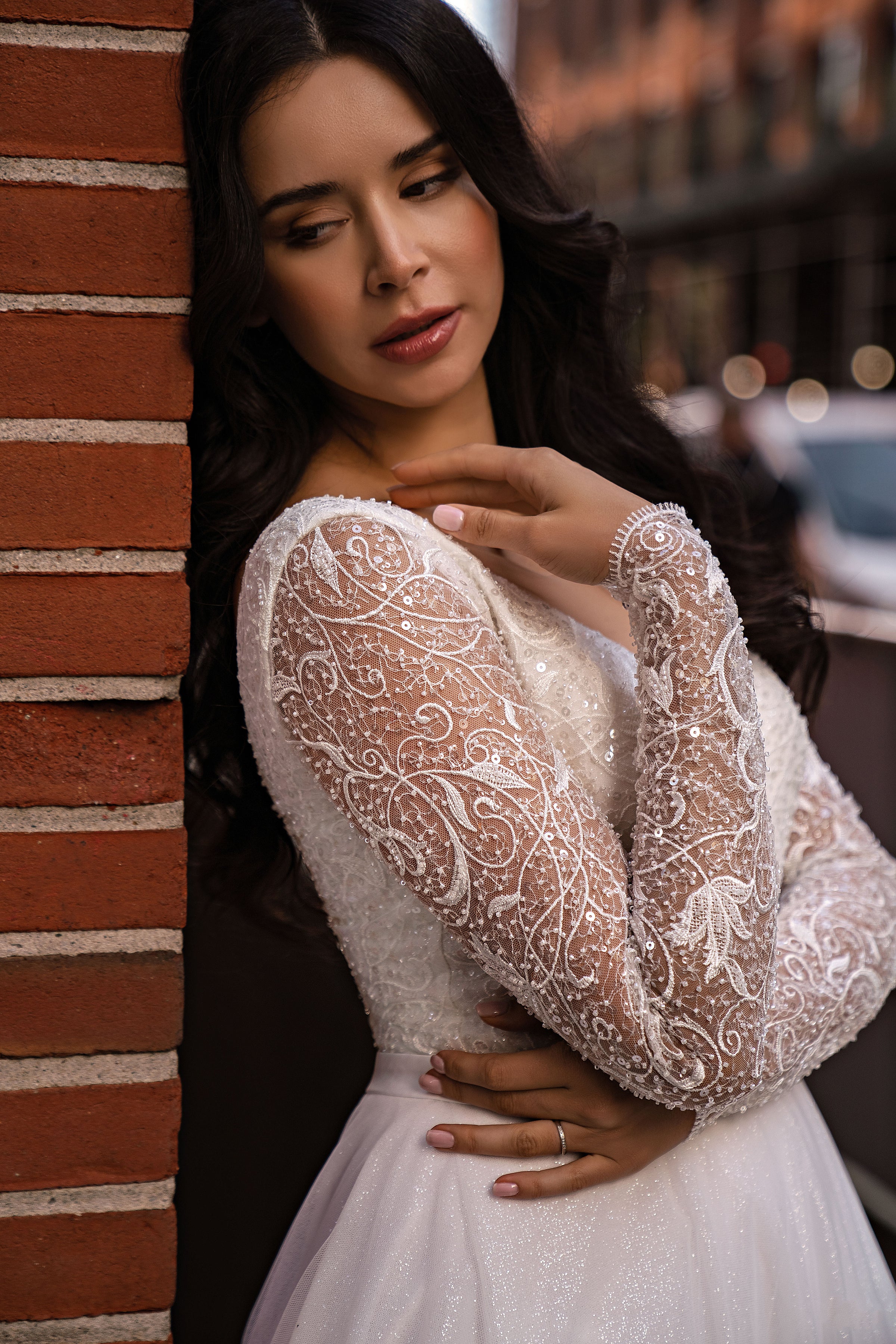 Beaded Long Sleeve A-Line Tulle Wedding Dress with Deep V-Neckline