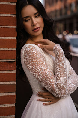 Beaded Long Sleeve A-Line Tulle Wedding Dress with Deep V-Neckline