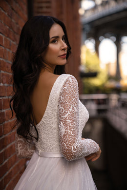 Beaded Long Sleeve A-Line Tulle Wedding Dress with Deep V-Neckline