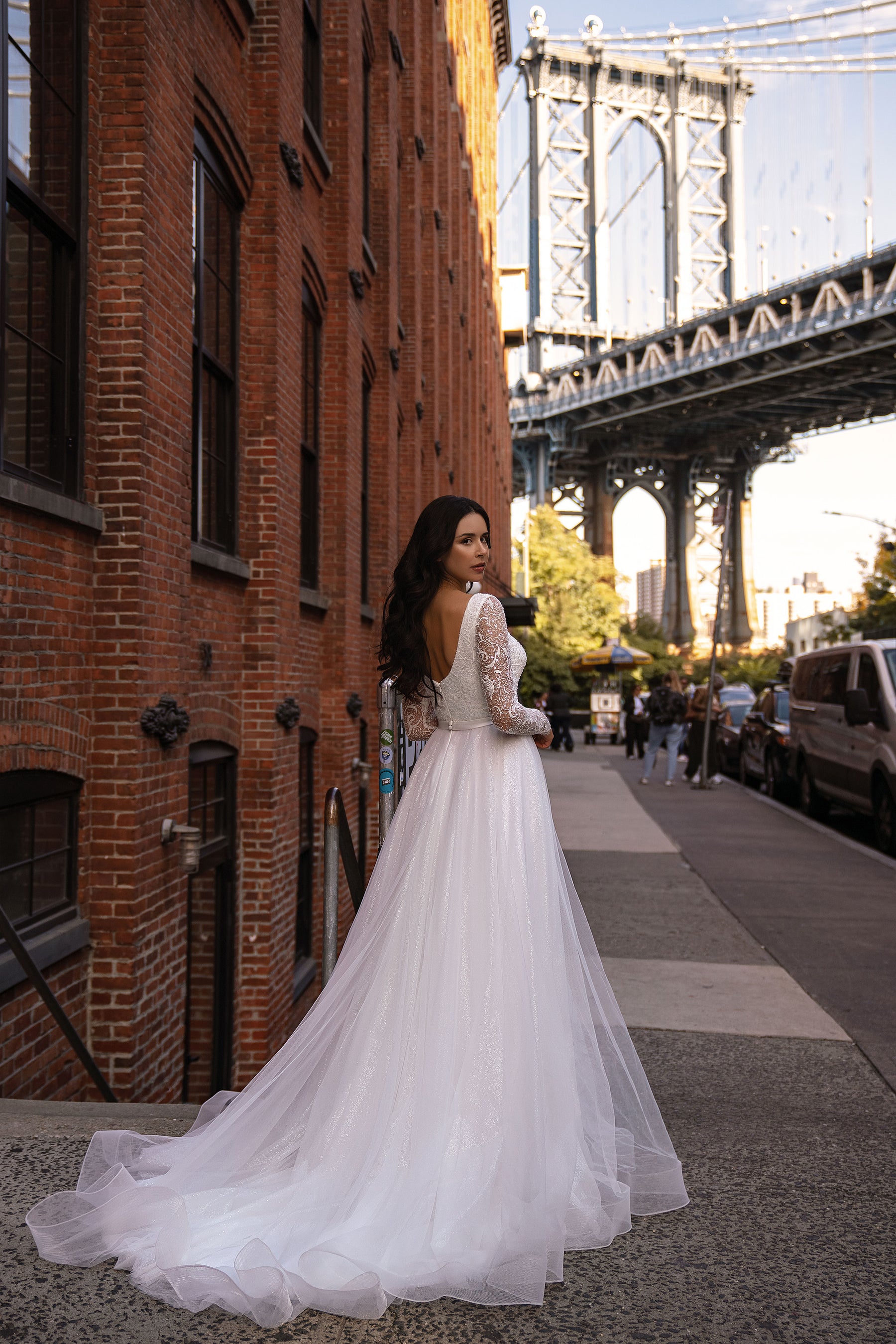 Beaded Long Sleeve A-Line Tulle Wedding Dress with Deep V-Neckline