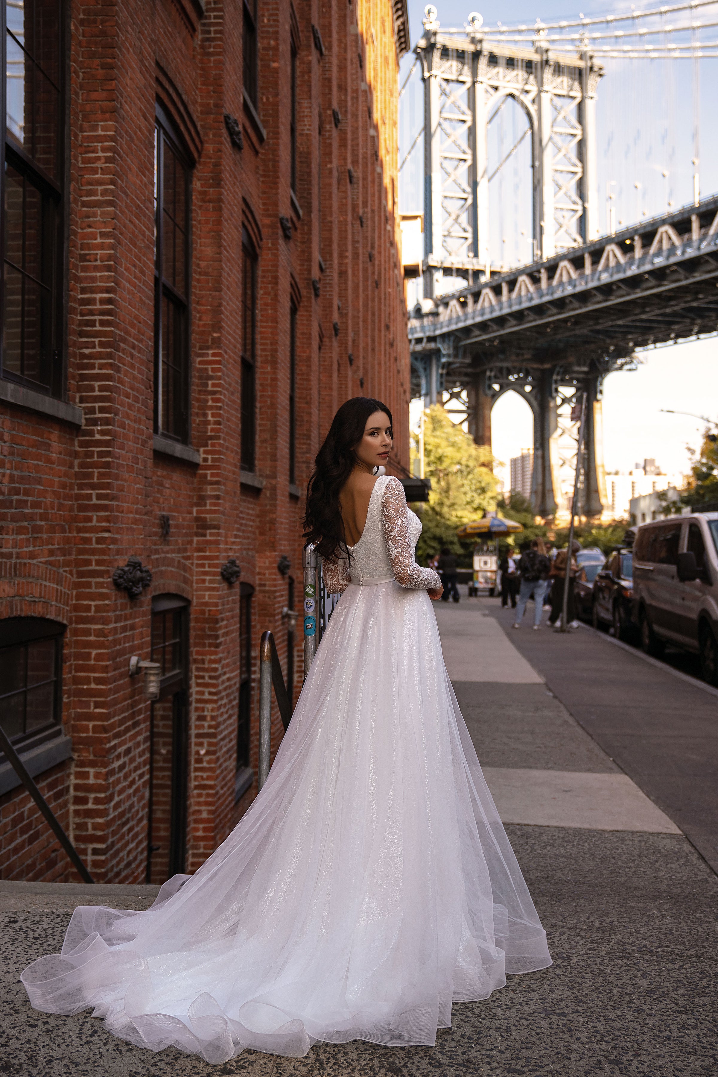 Beaded Long Sleeve A-Line Tulle Wedding Dress with Deep V-Neckline
