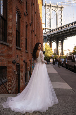 Beaded Long Sleeve A-Line Tulle Wedding Dress with Deep V-Neckline