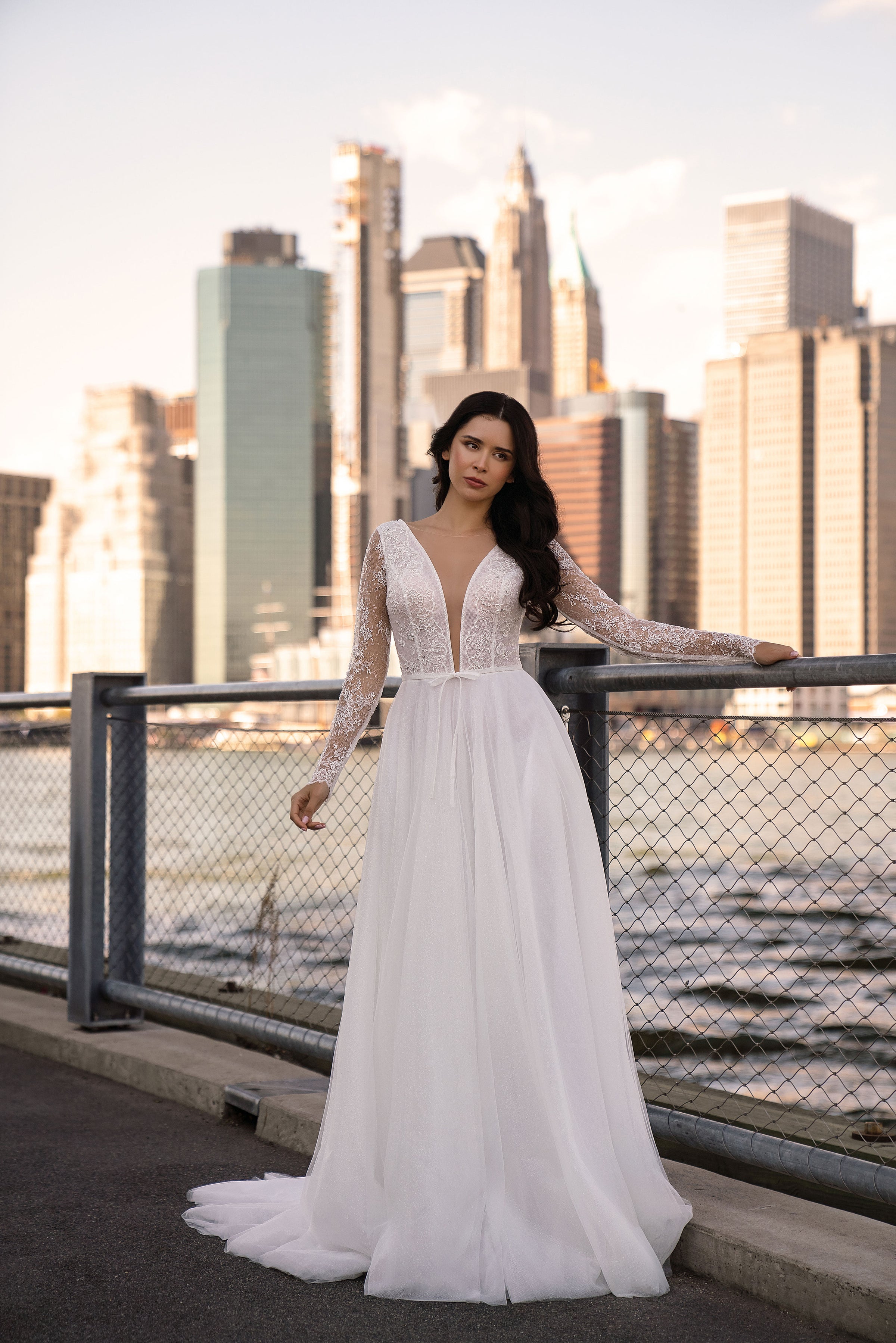 Long Sleeve Lace A-Line Wedding Dress with Deep V-Neckline