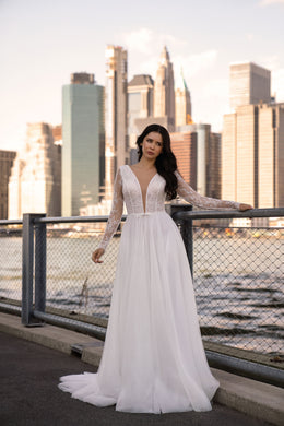 Long Sleeve Lace A-Line Wedding Dress with Deep V-Neckline