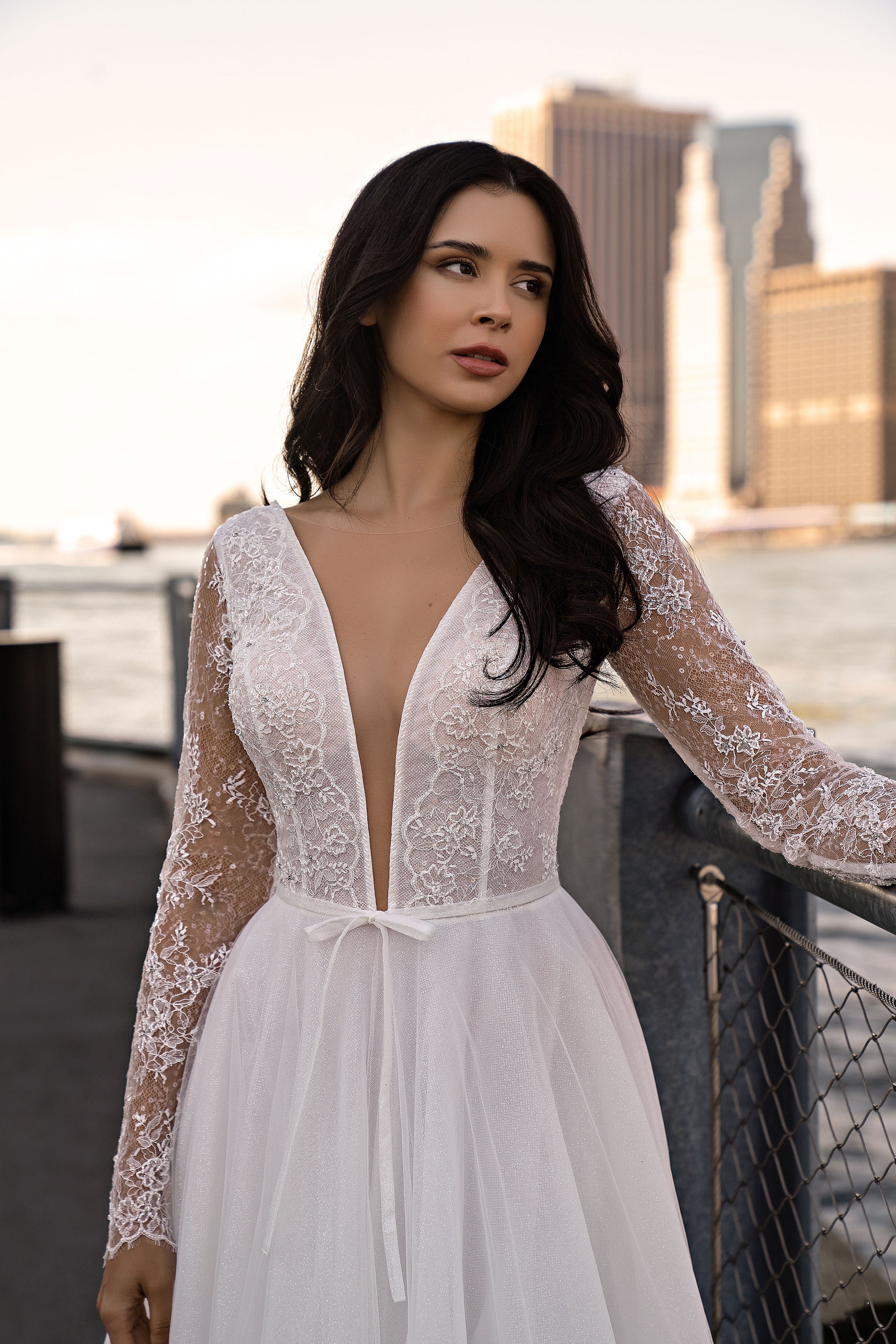 Long Sleeve Lace A-Line Wedding Dress with Deep V-Neckline