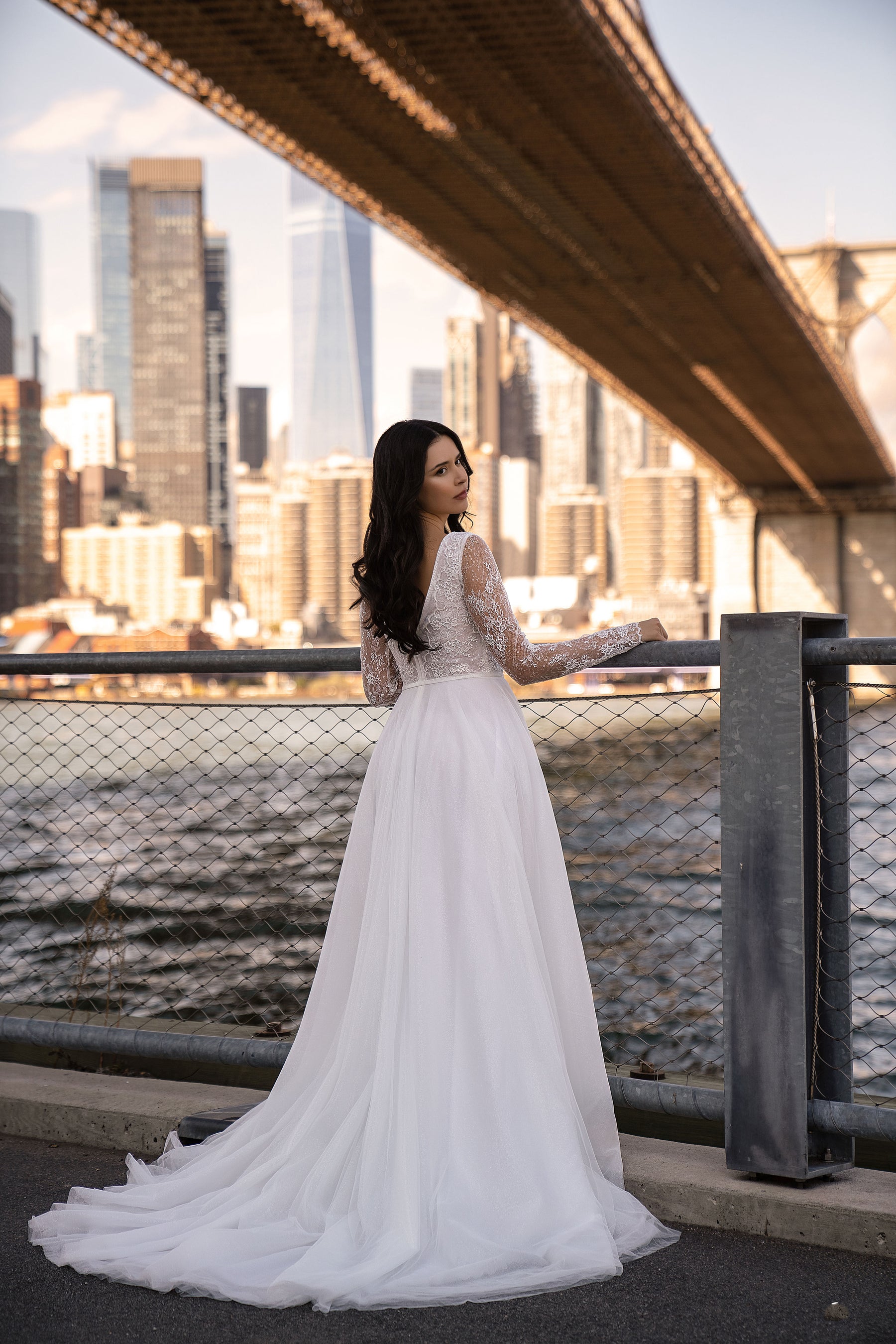 Long Sleeve Lace A-Line Wedding Dress with Deep V-Neckline