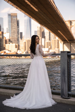Long Sleeve Lace A-Line Wedding Dress with Deep V-Neckline