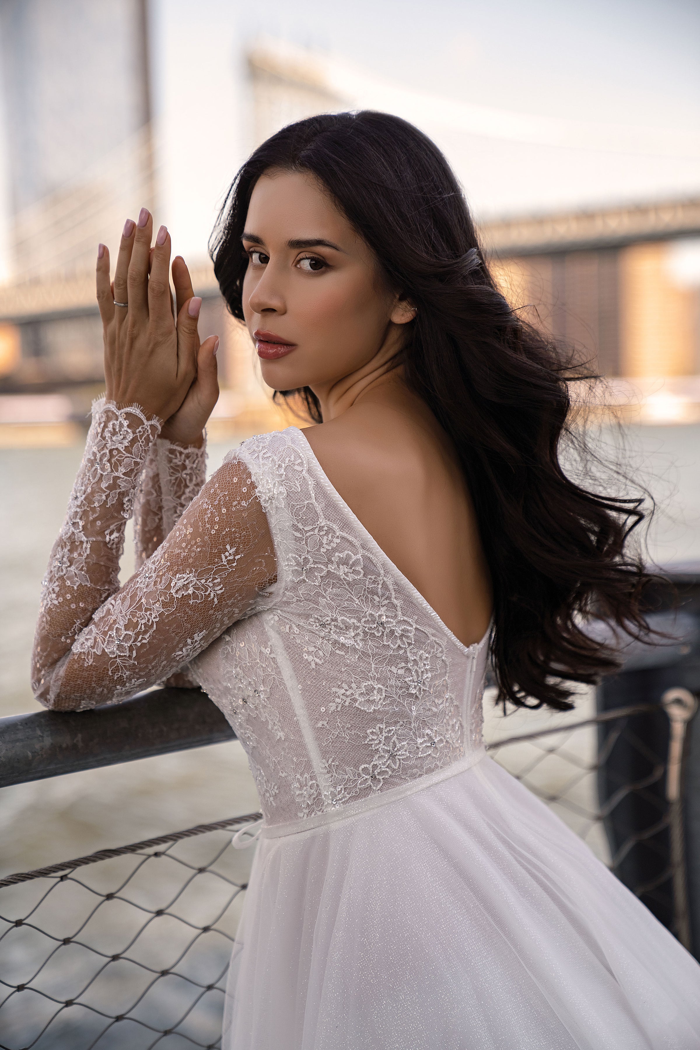 Long Sleeve Lace A-Line Wedding Dress with Deep V-Neckline