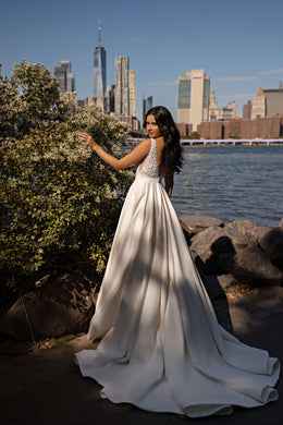 Deep V-Neck A-Line Wedding Dress with Lace Bodice and Pockets