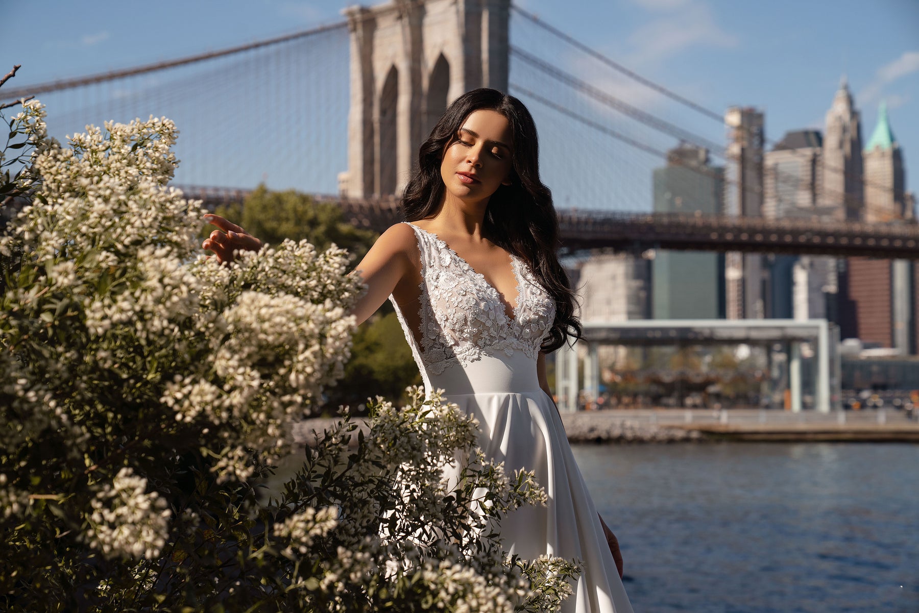 Deep V-Neck A-Line Wedding Dress with Lace Bodice and Pockets