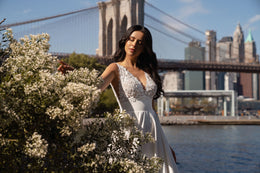 Deep V-Neck A-Line Wedding Dress with Lace Bodice and Pockets