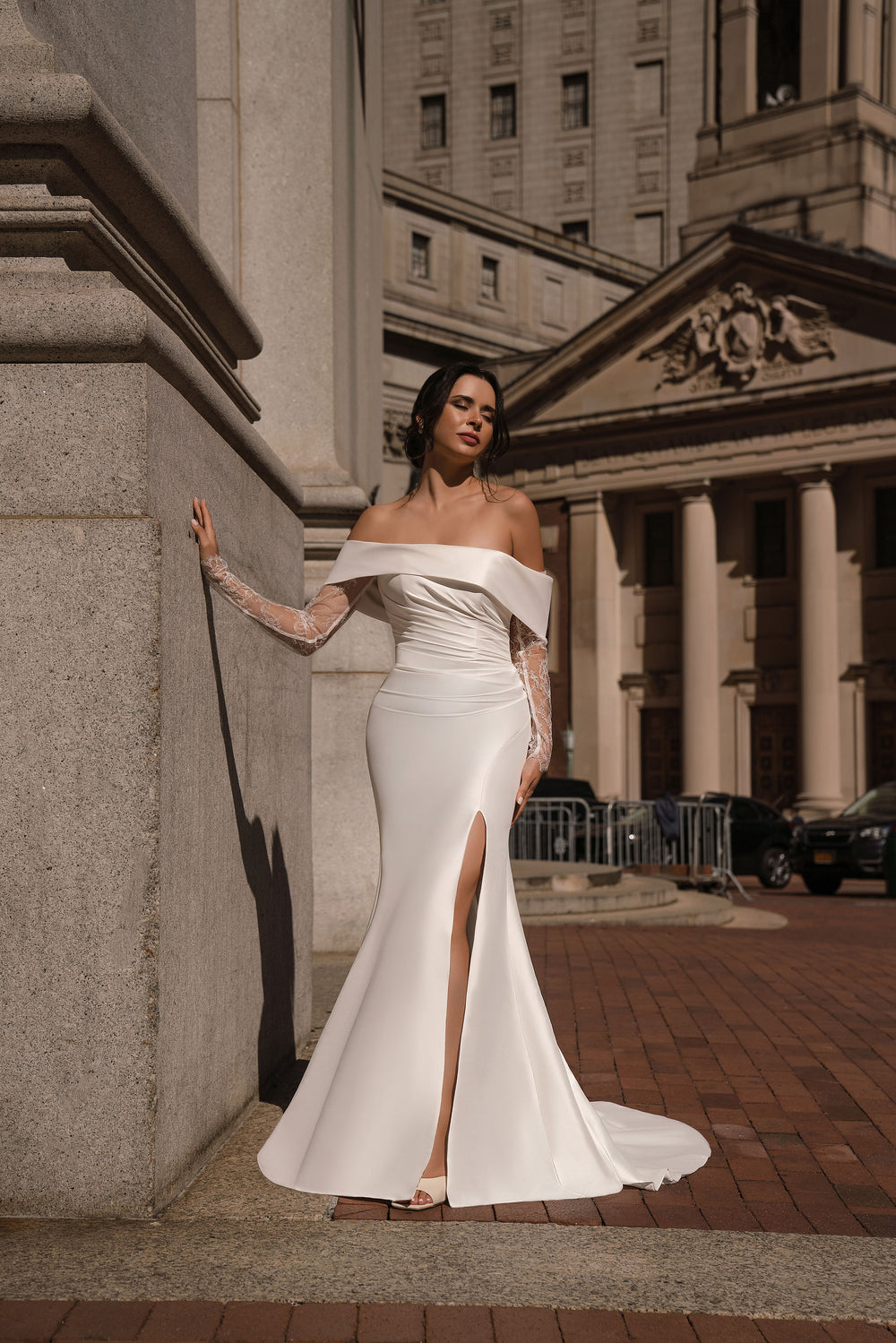 Off-the-Shoulder Mermaid Wedding Dress with Lace Sleeves and Slit
