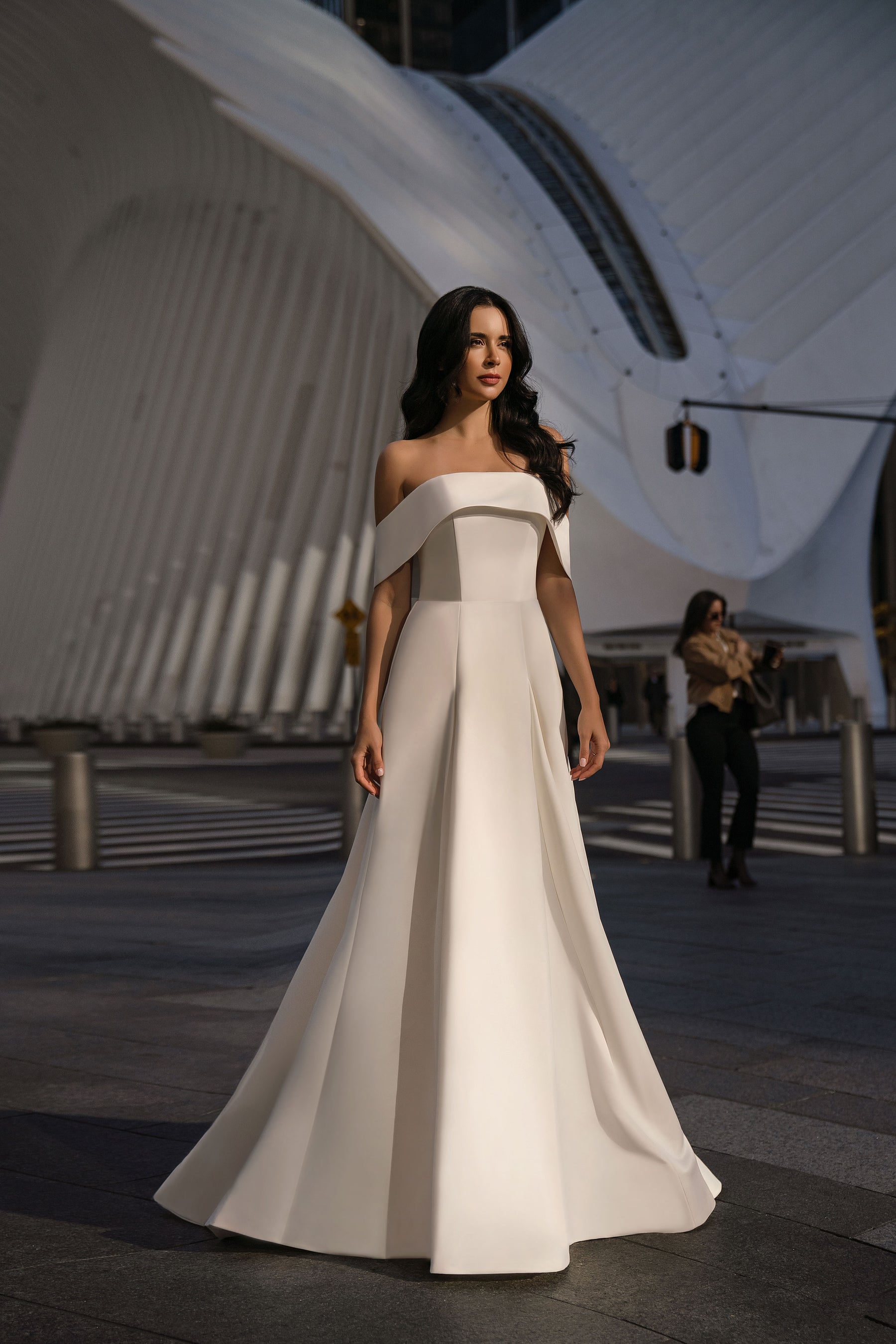 Minimalist Off-the-Shoulder A-Line Wedding Dress with Chapel Train