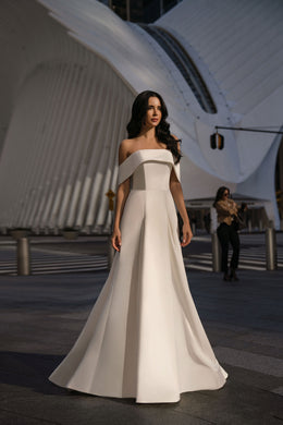 Minimalist Off-the-Shoulder A-Line Wedding Dress with Chapel Train