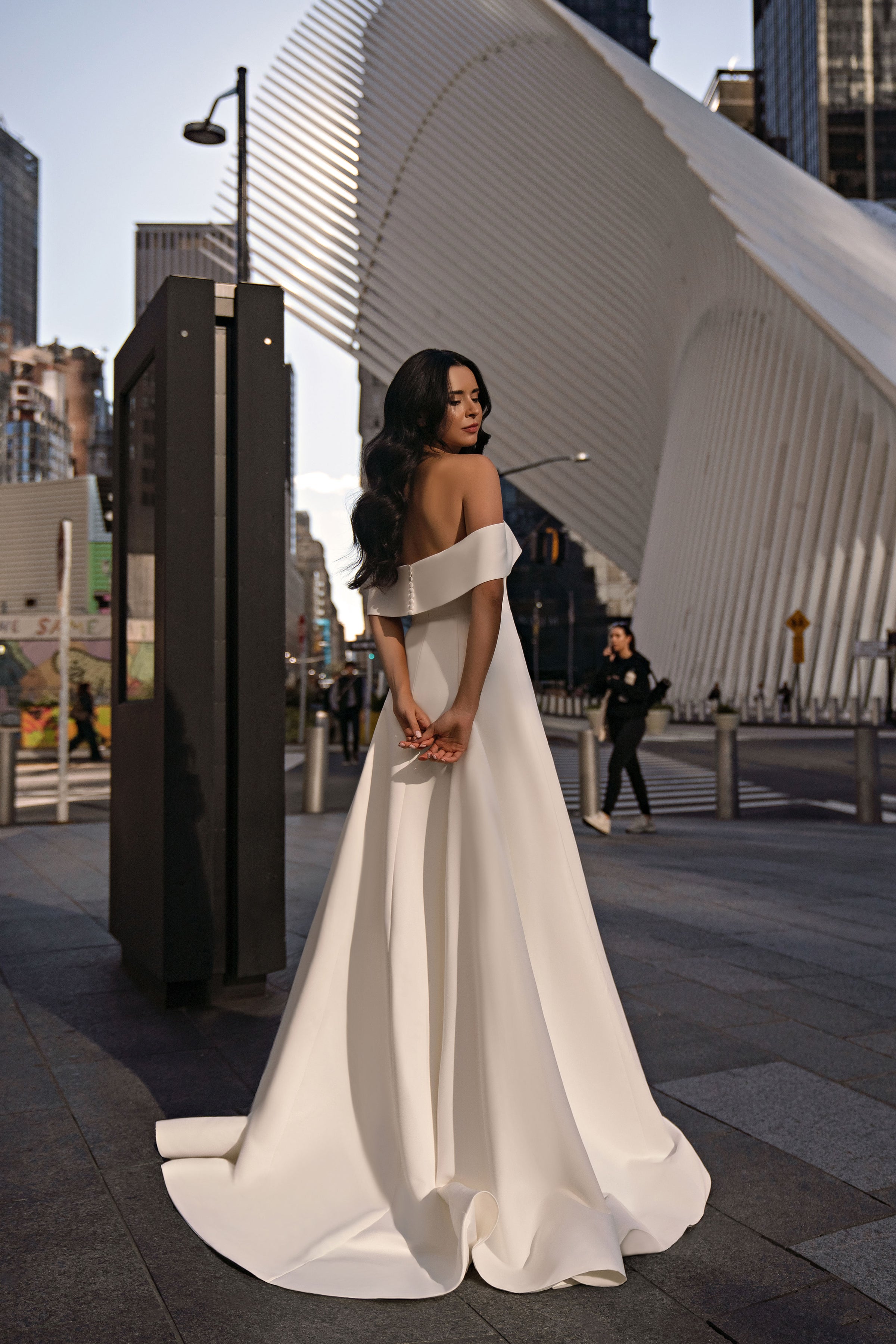 Minimalist Off-the-Shoulder A-Line Wedding Dress with Chapel Train
