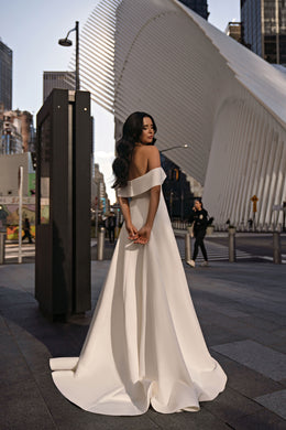 Minimalist Off-the-Shoulder A-Line Wedding Dress with Chapel Train
