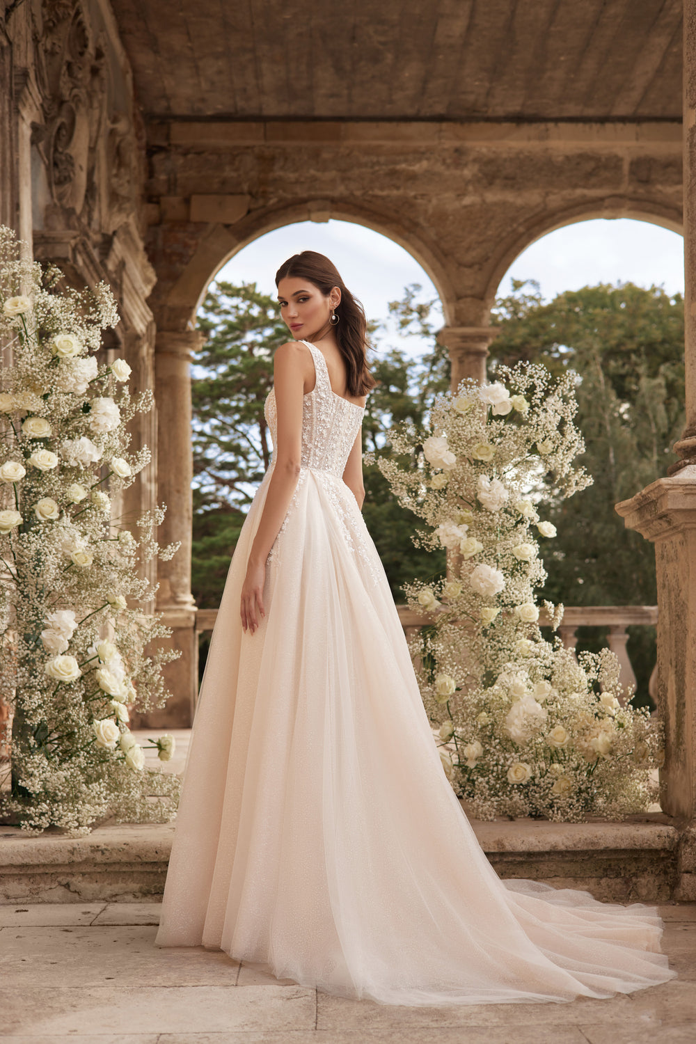A-Line Wedding Dress with Square Neckline and Floral Appliqués