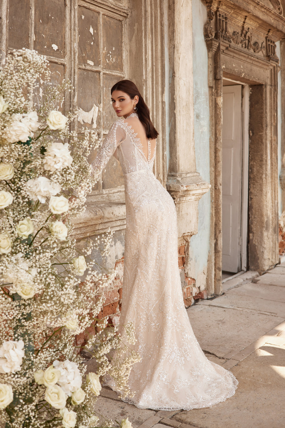 Sheath Wedding Dress with Illusion High Neck and Detachable Overskirt