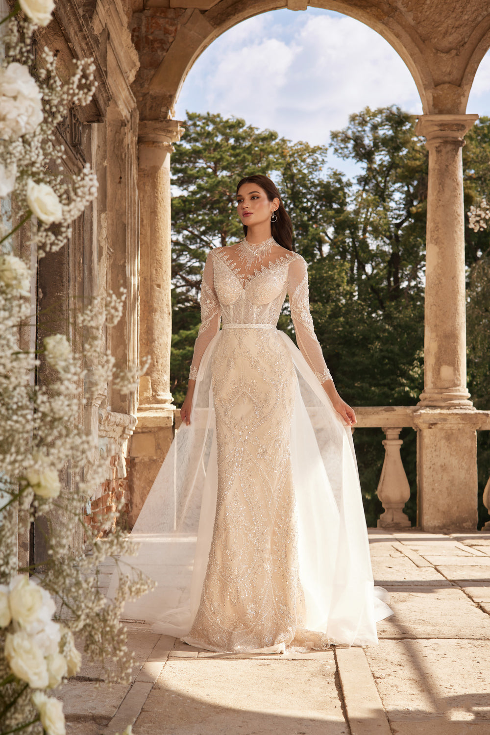Sheath Wedding Dress with Illusion High Neck and Detachable Overskirt