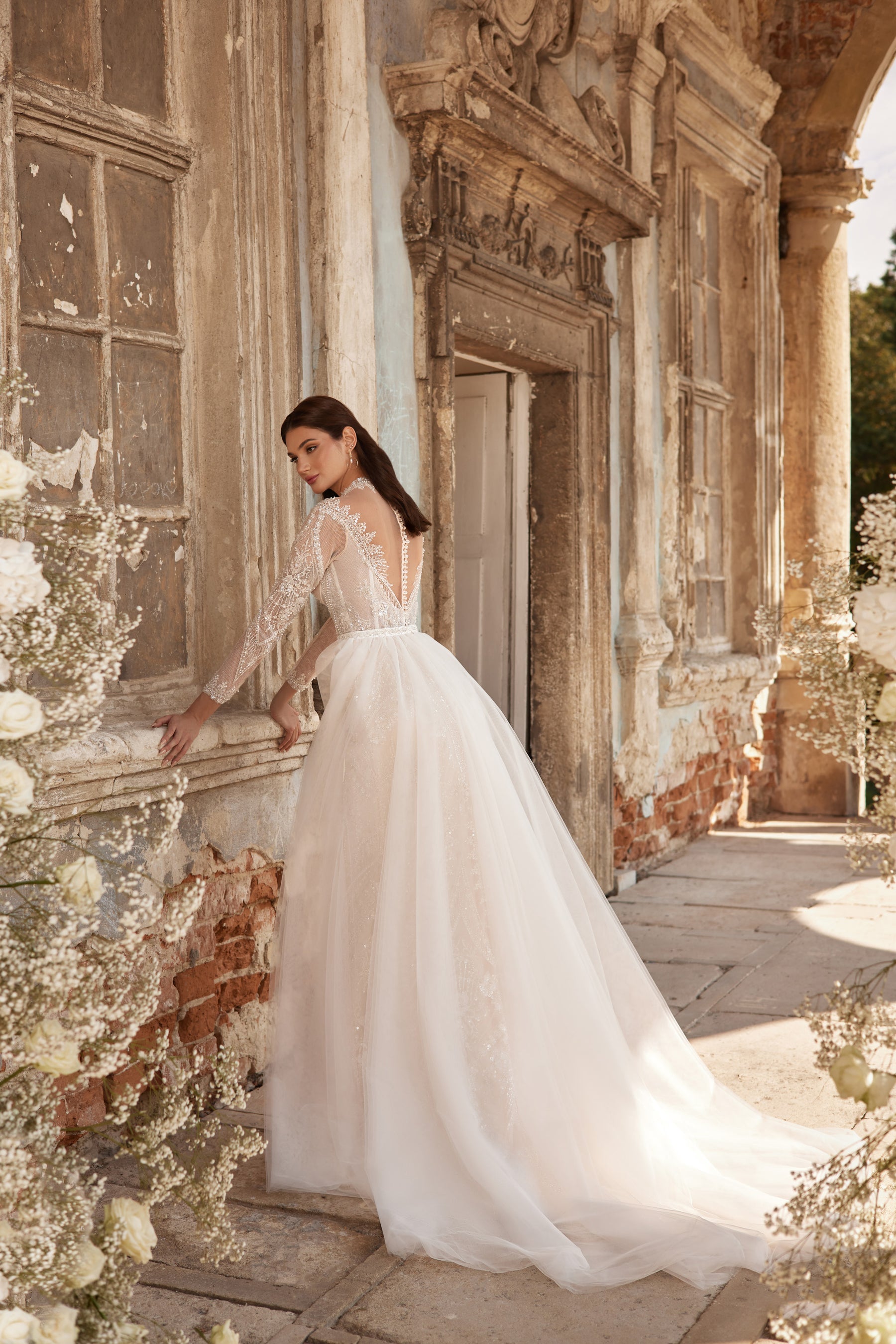 Sheath Wedding Dress with Illusion High Neck and Detachable Overskirt