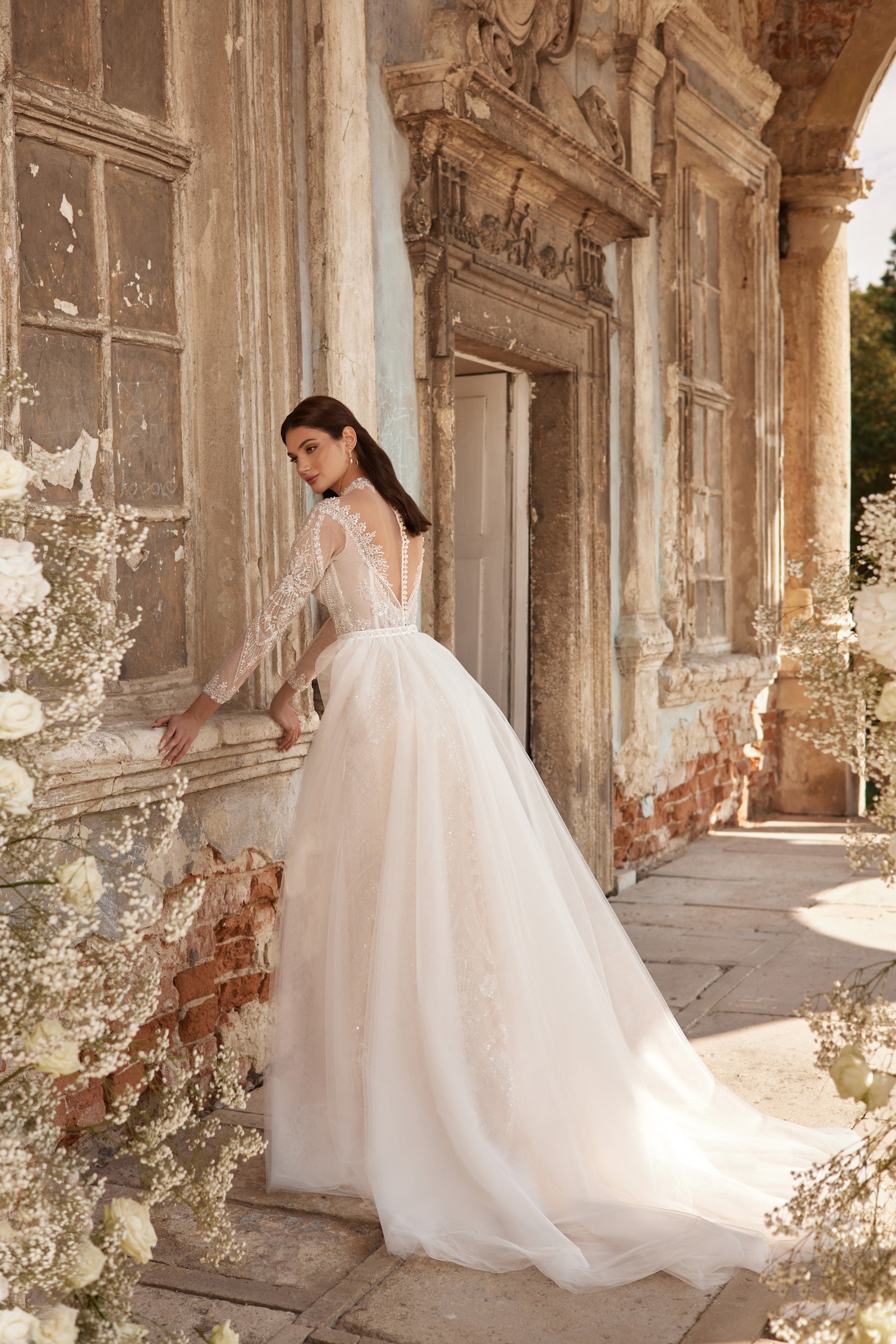 Sheath Wedding Dress with Illusion High Neck and Detachable Overskirt