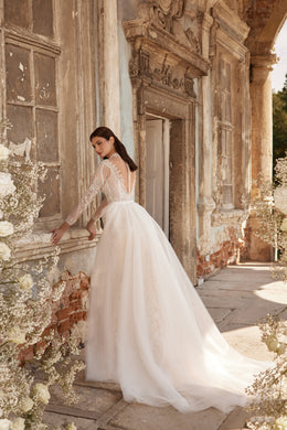 Sheath Wedding Dress with Illusion High Neck and Detachable Overskirt