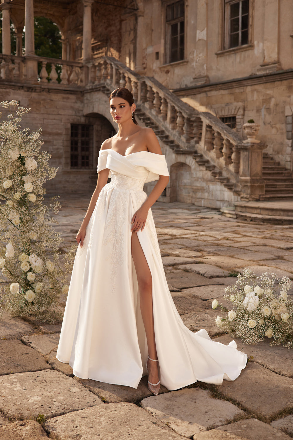A-Line Wedding Dress with Off-The-Shoulder Neckline and Slit