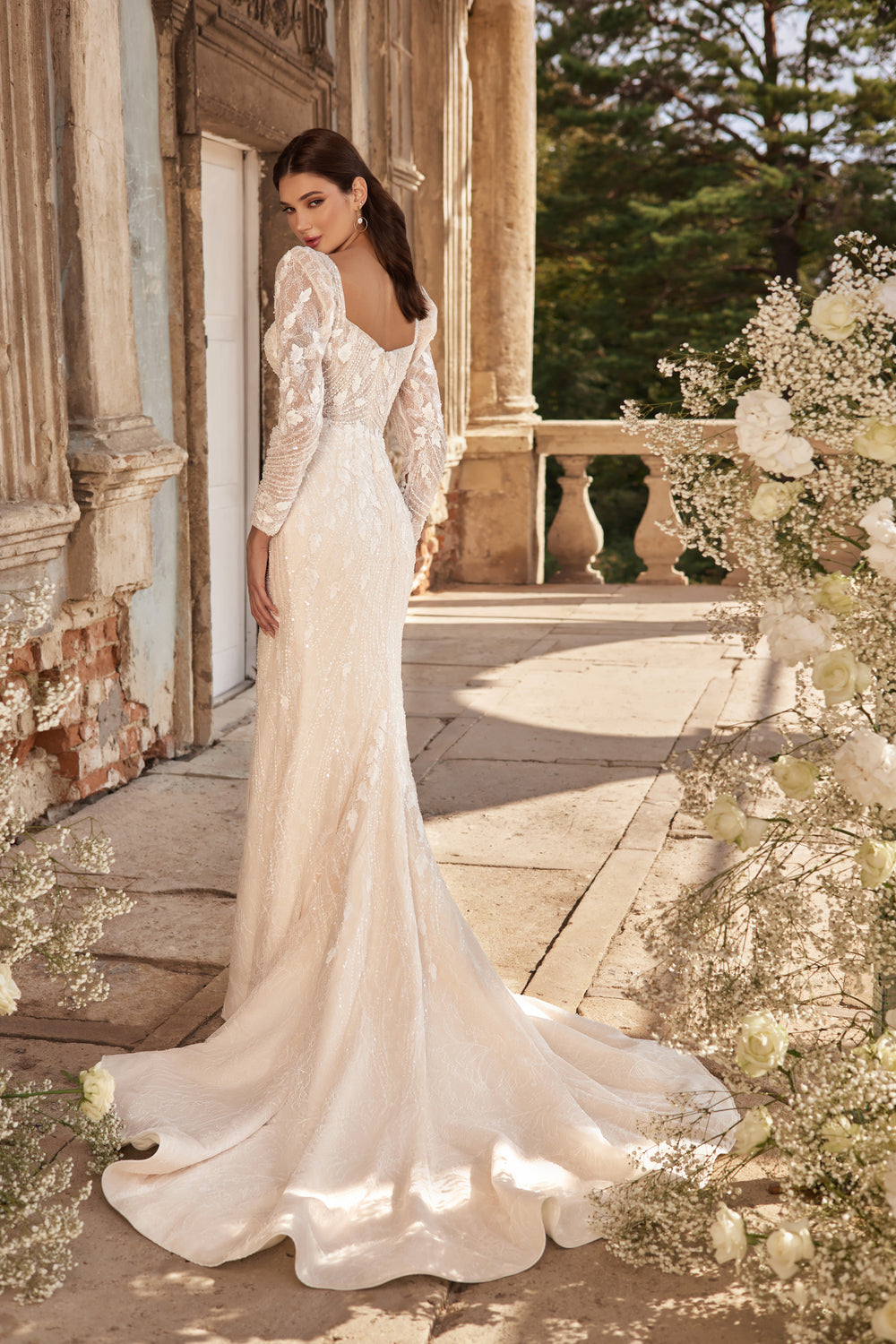Sheath Wedding Dress with Floral Lace and Detachable Overskirt