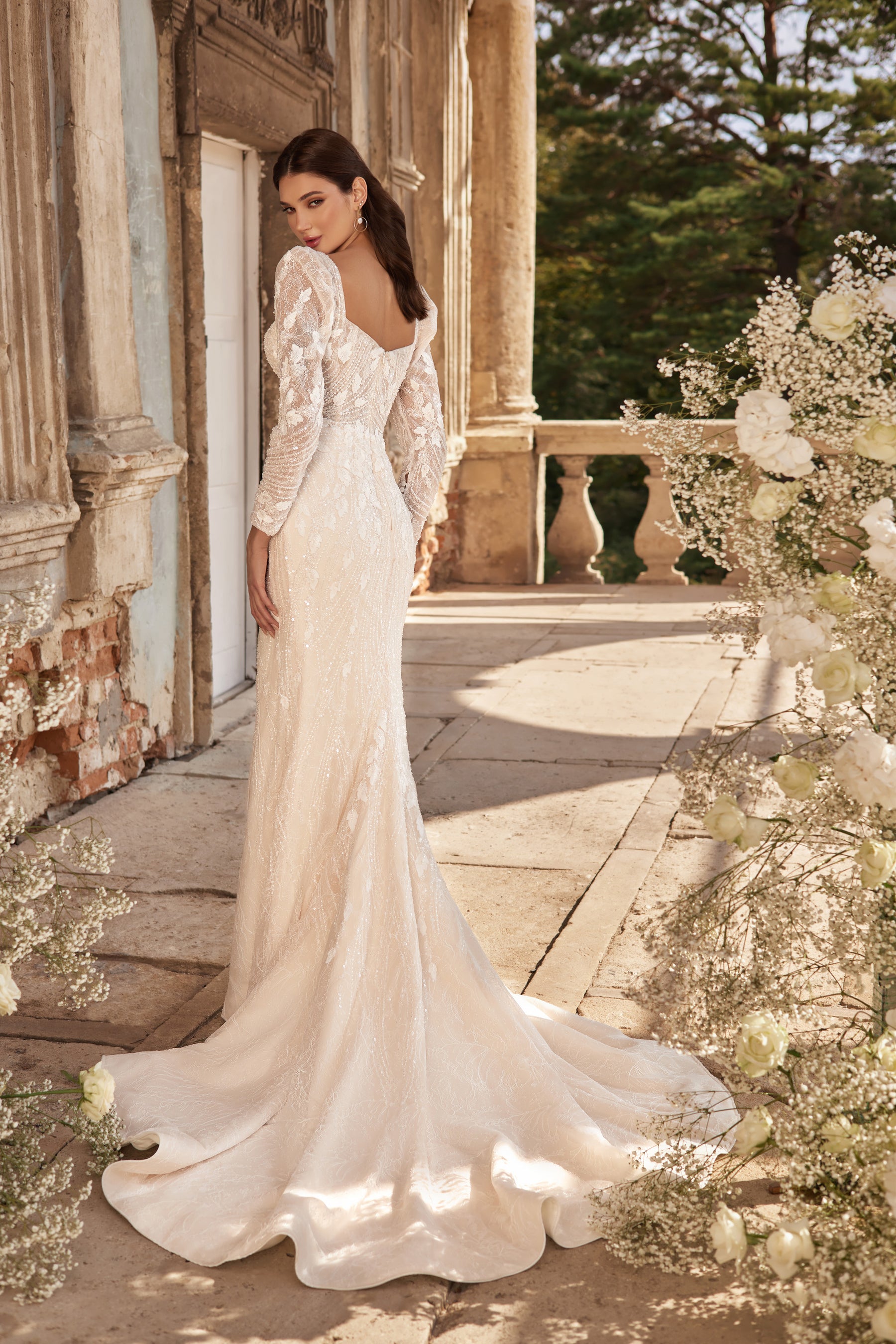 Sheath Wedding Dress with Floral Lace and Detachable Overskirt
