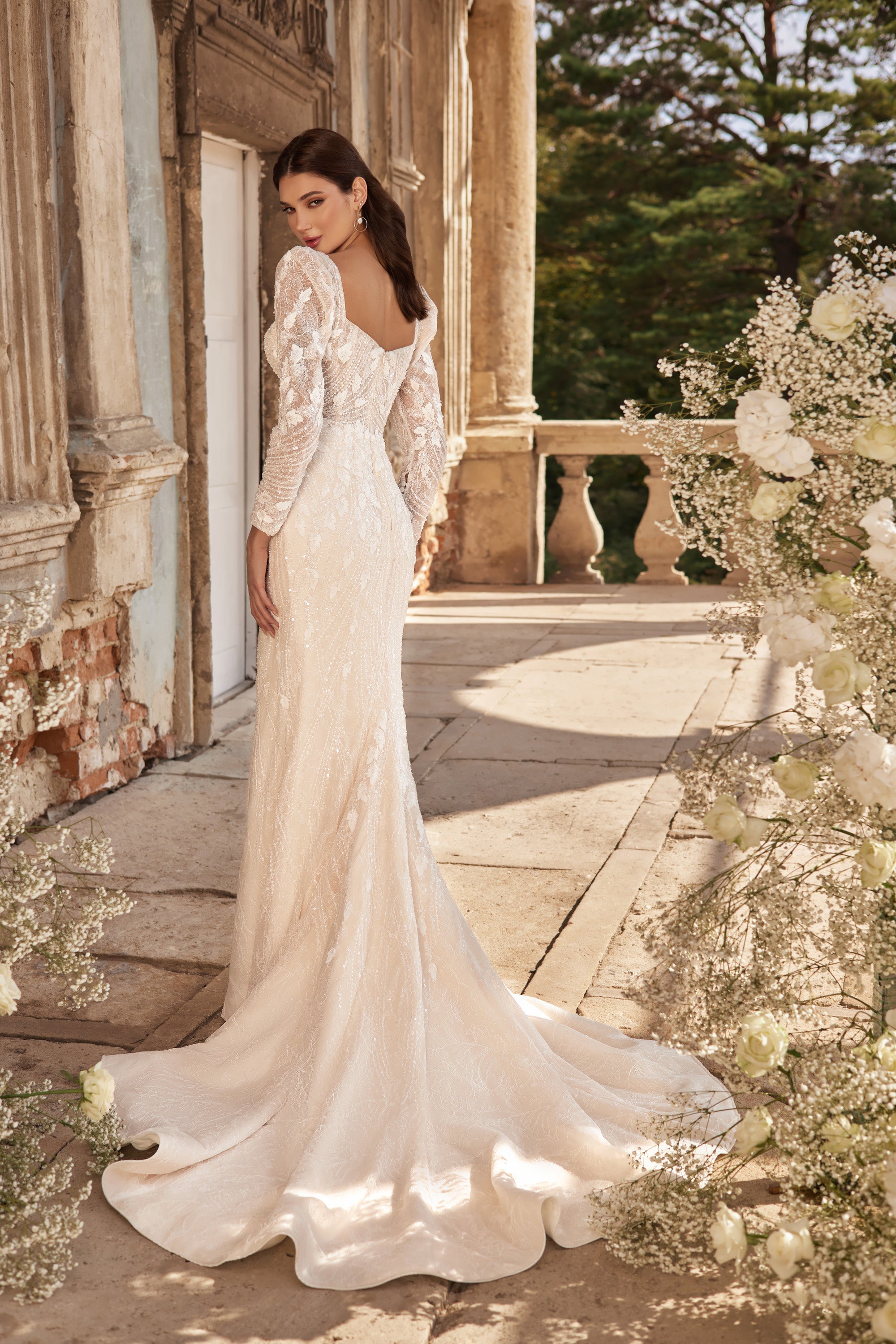 Sheath Wedding Dress with Floral Lace and Detachable Overskirt
