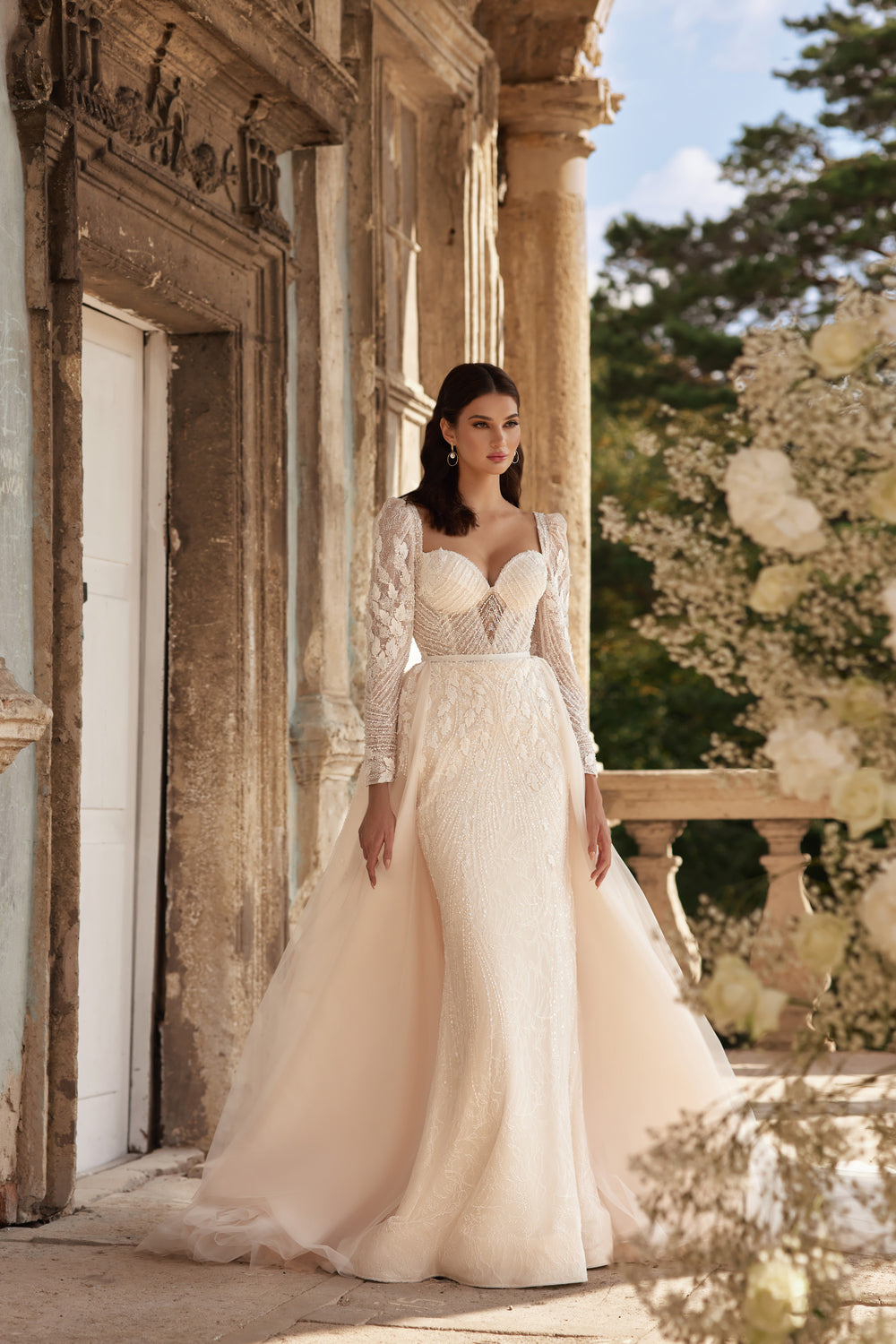 Sheath Wedding Dress with Floral Lace and Detachable Overskirt