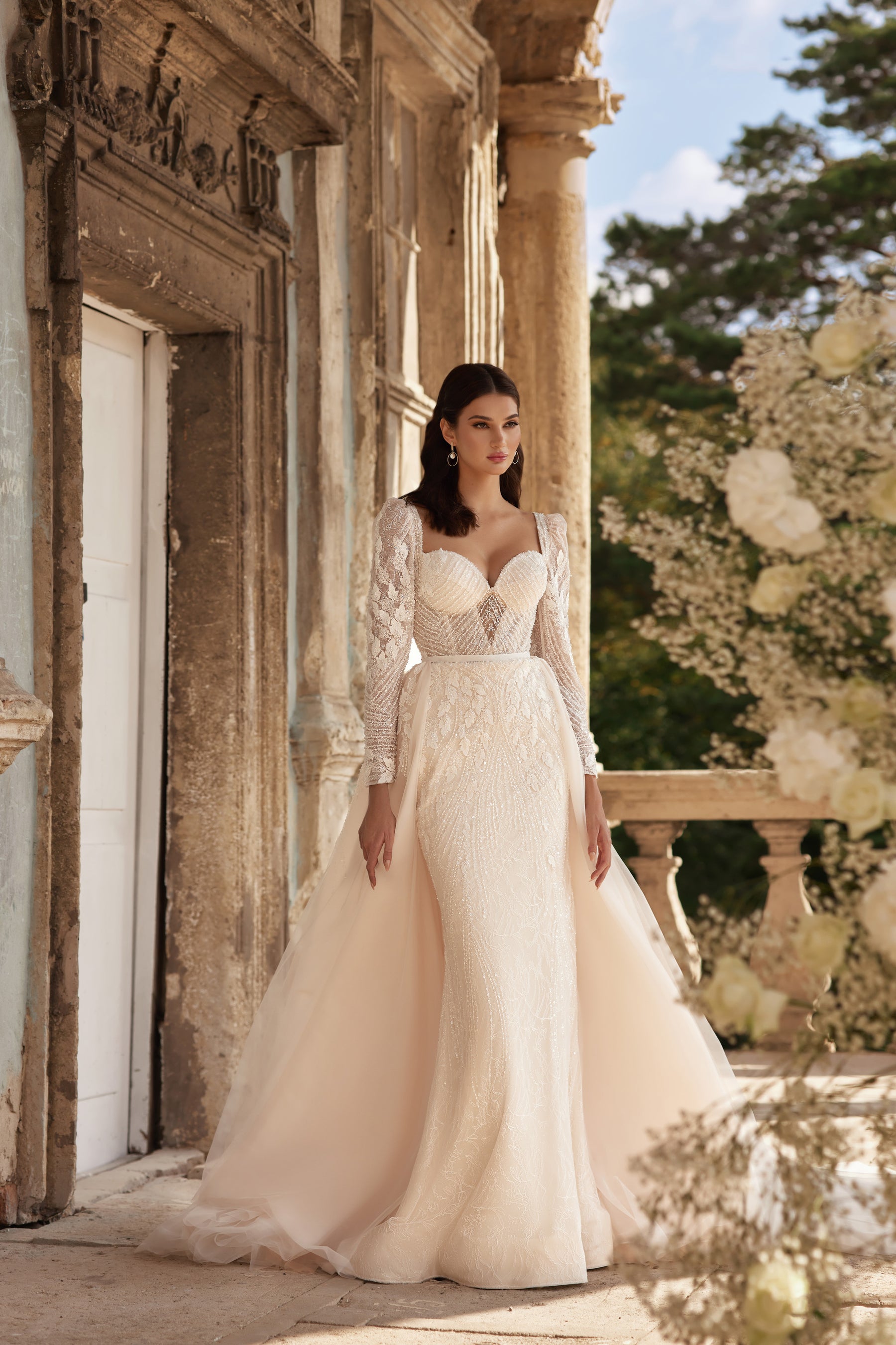 Sheath Wedding Dress with Floral Lace and Detachable Overskirt
