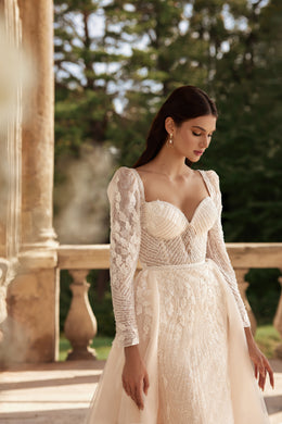 Sheath Wedding Dress with Floral Lace and Detachable Overskirt