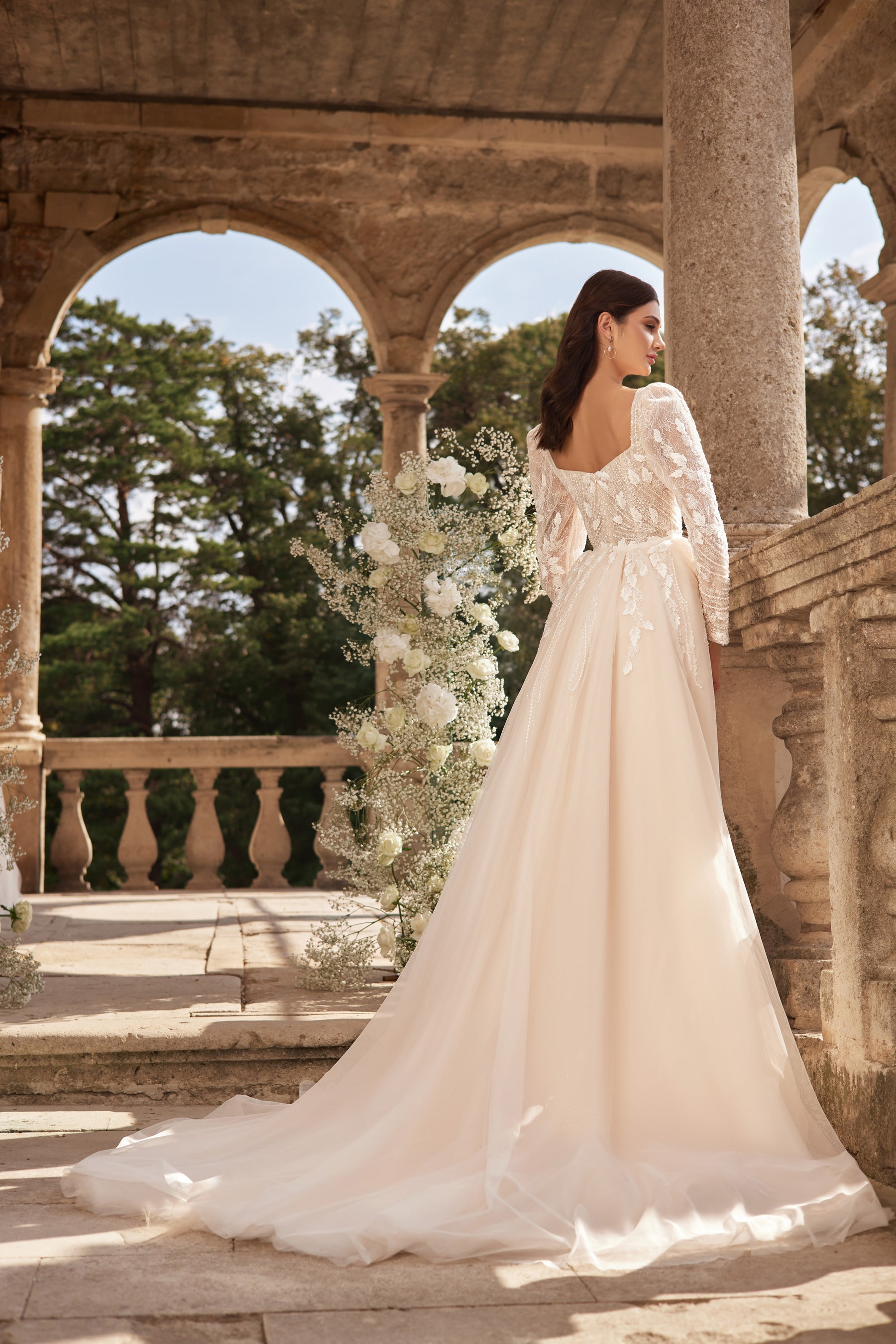 Sheath Wedding Dress with Floral Lace and Detachable Overskirt
