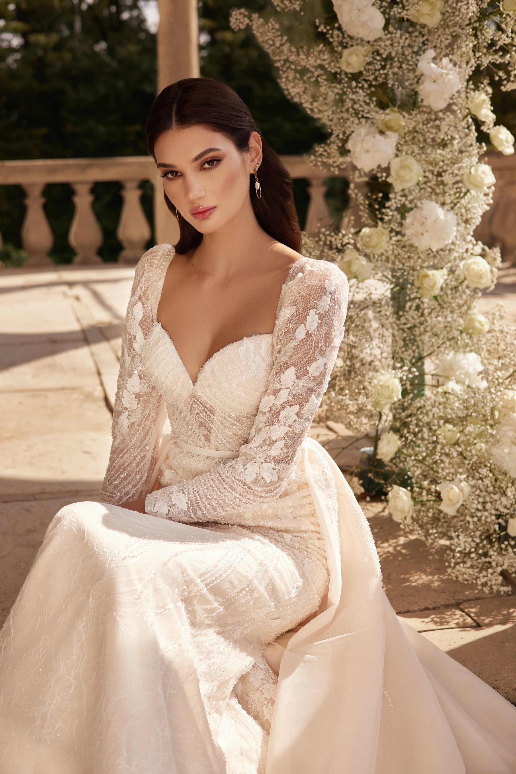 Sheath Wedding Dress with Floral Lace and Detachable Overskirt