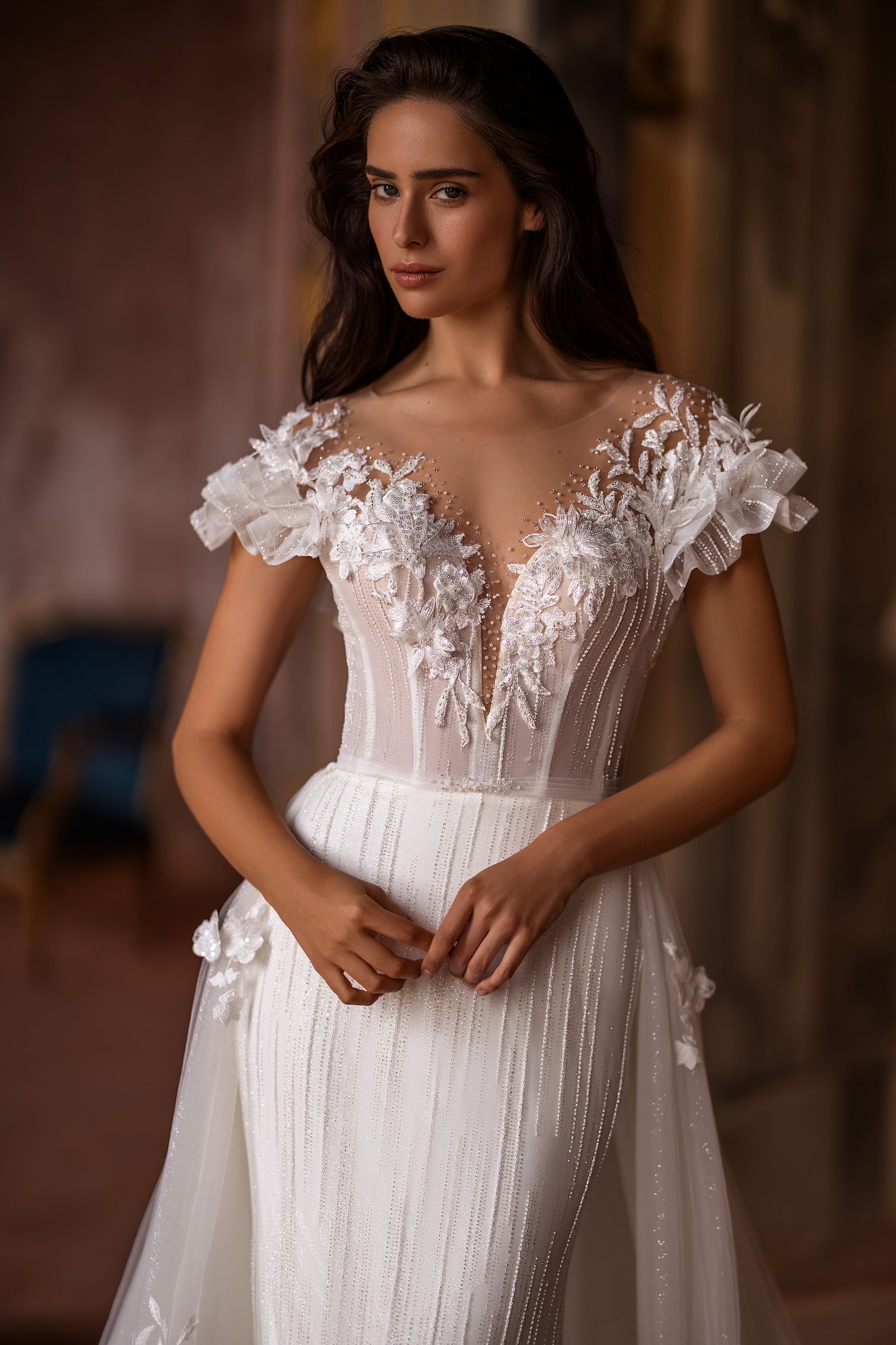 Mermaid Bridal Gown with Deep V-Neck, 3D Lace, Detachable Skirt, and Buttons Back