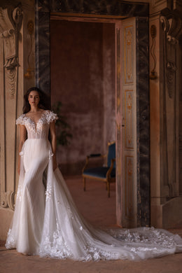 Mermaid Bridal Gown with Deep V-Neck, 3D Lace, Detachable Skirt, and Buttons Back