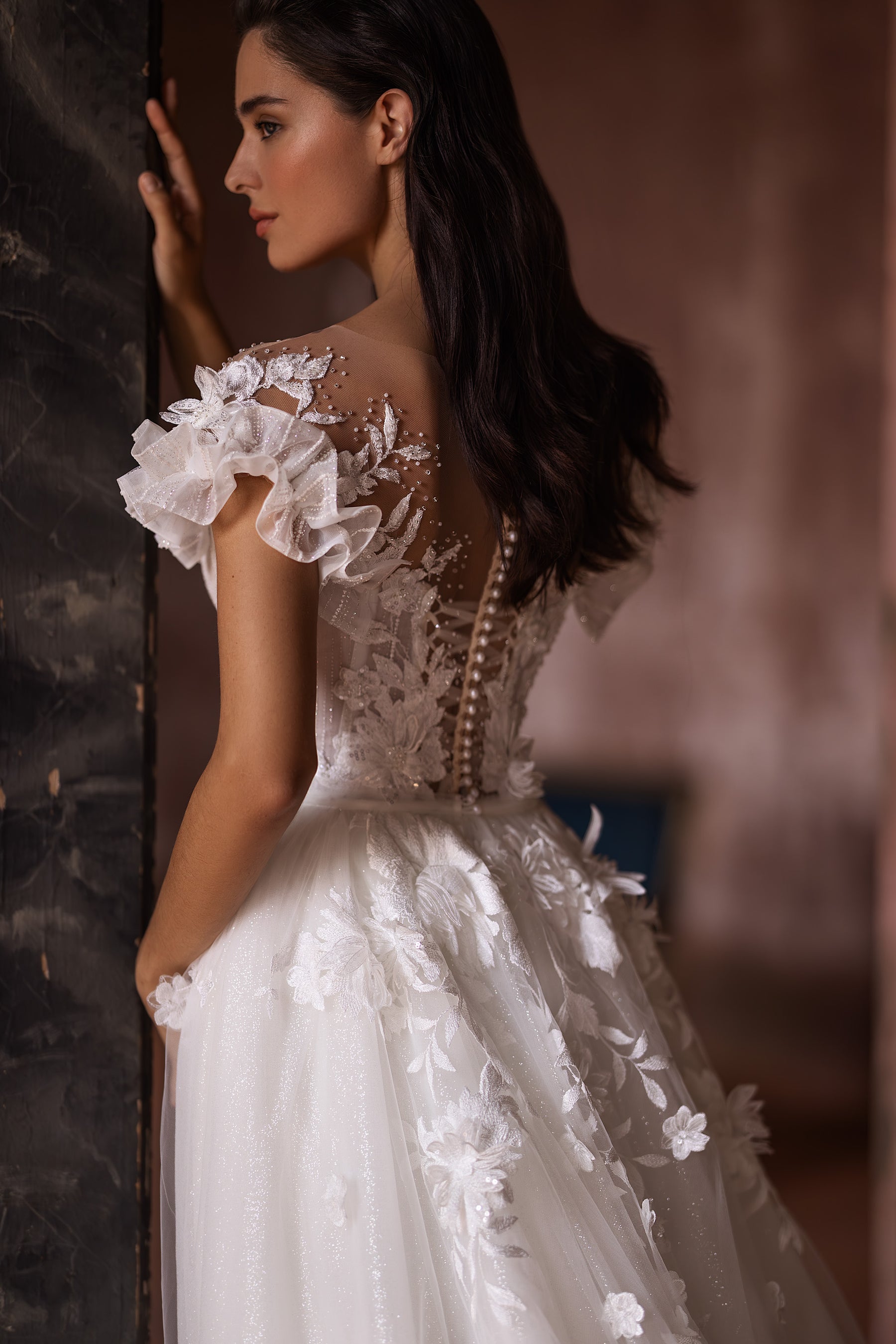 Mermaid Bridal Gown with Deep V-Neck, 3D Lace, Detachable Skirt, and Buttons Back