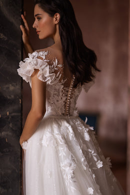 Mermaid Bridal Gown with Deep V-Neck, 3D Lace, Detachable Skirt, and Buttons Back